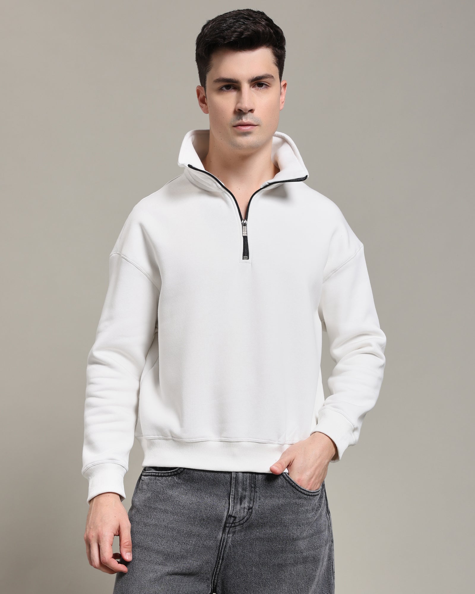 Oversized Half zip sweatshirt (Boxy Fit ) (White)