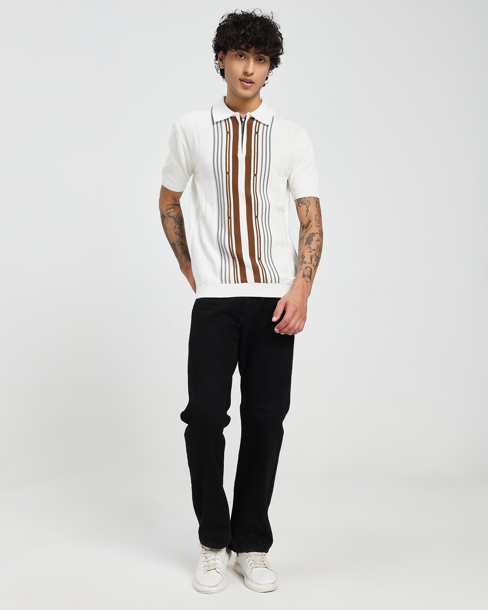 White Knitted Polo – Orange Front Weave
