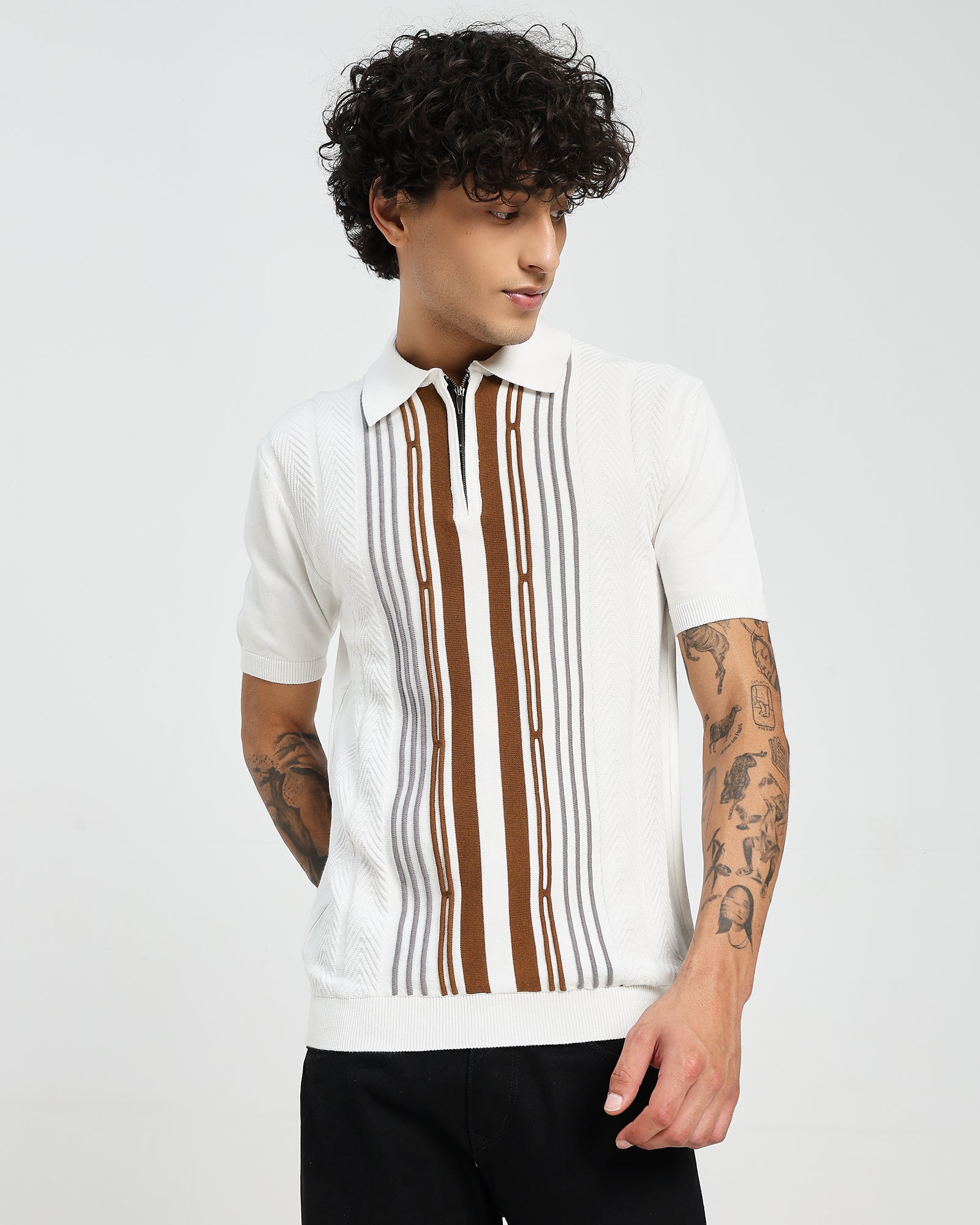 White Knitted Polo – Orange Front Weave