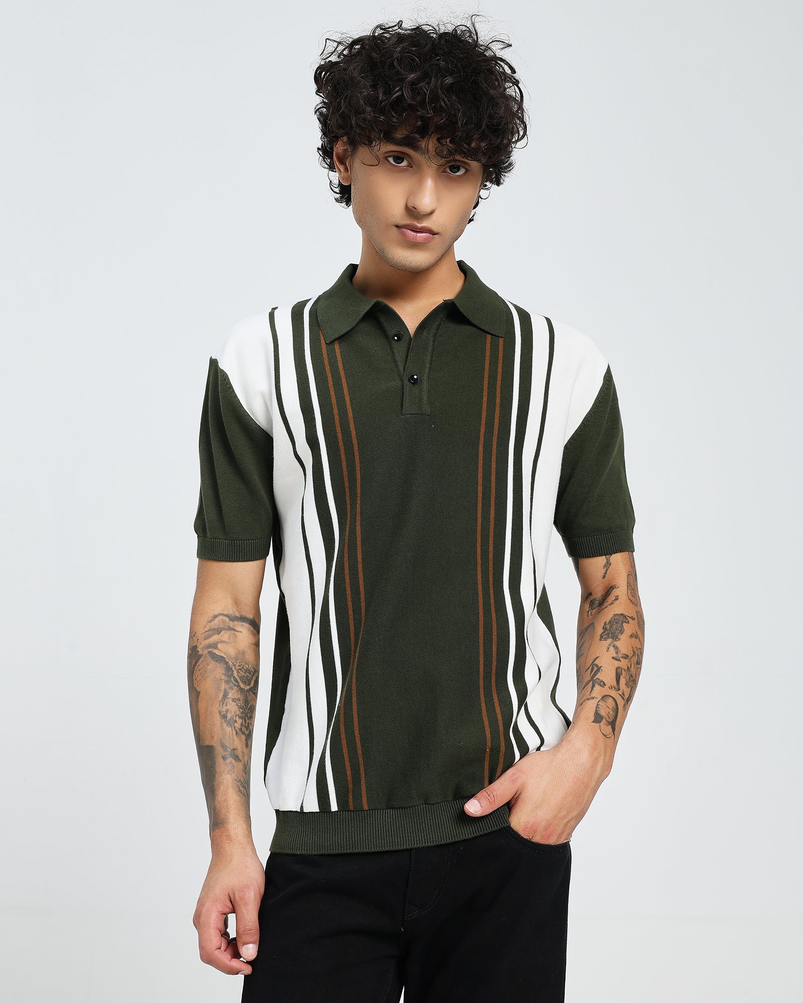Dark Green Knit Polo – Contrast Stripe Panel