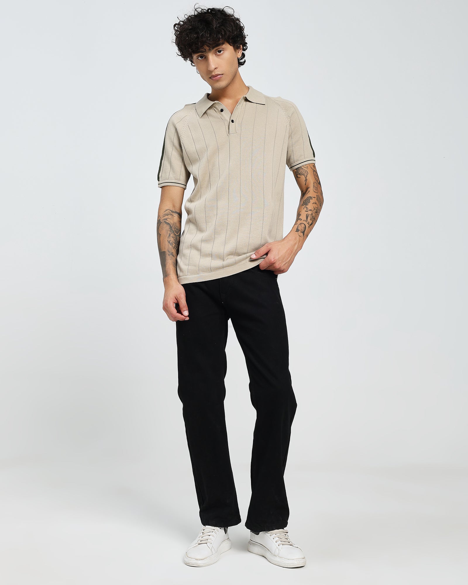 Beige Knit Polo – Textured Stripe