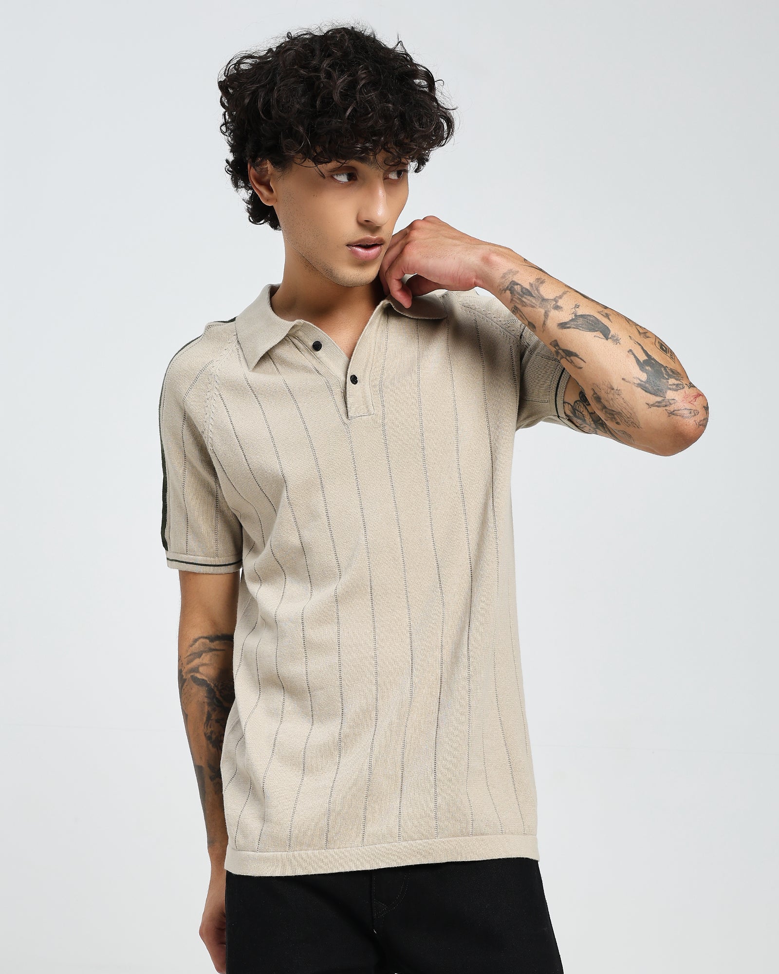 Beige Knit Polo – Textured Stripe