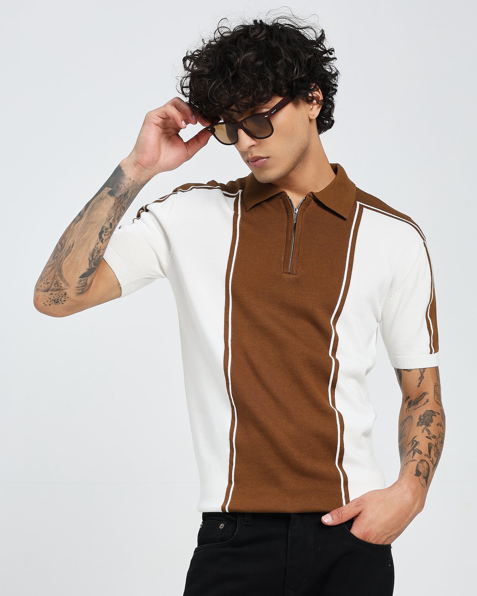 Brown Knit Polo – Contrast Panel Stripe