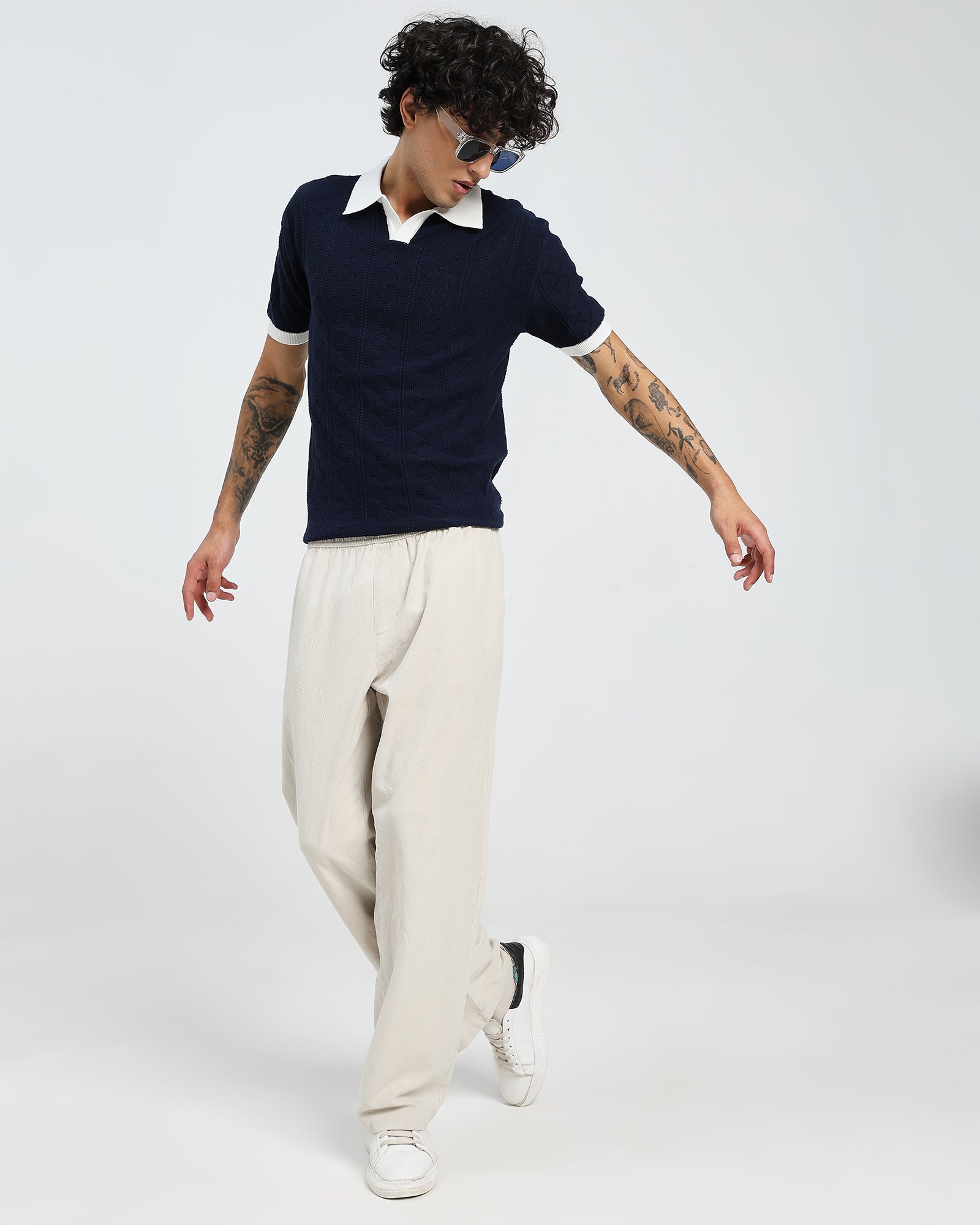 Navy Knitted Polo – White Collar design T shirt