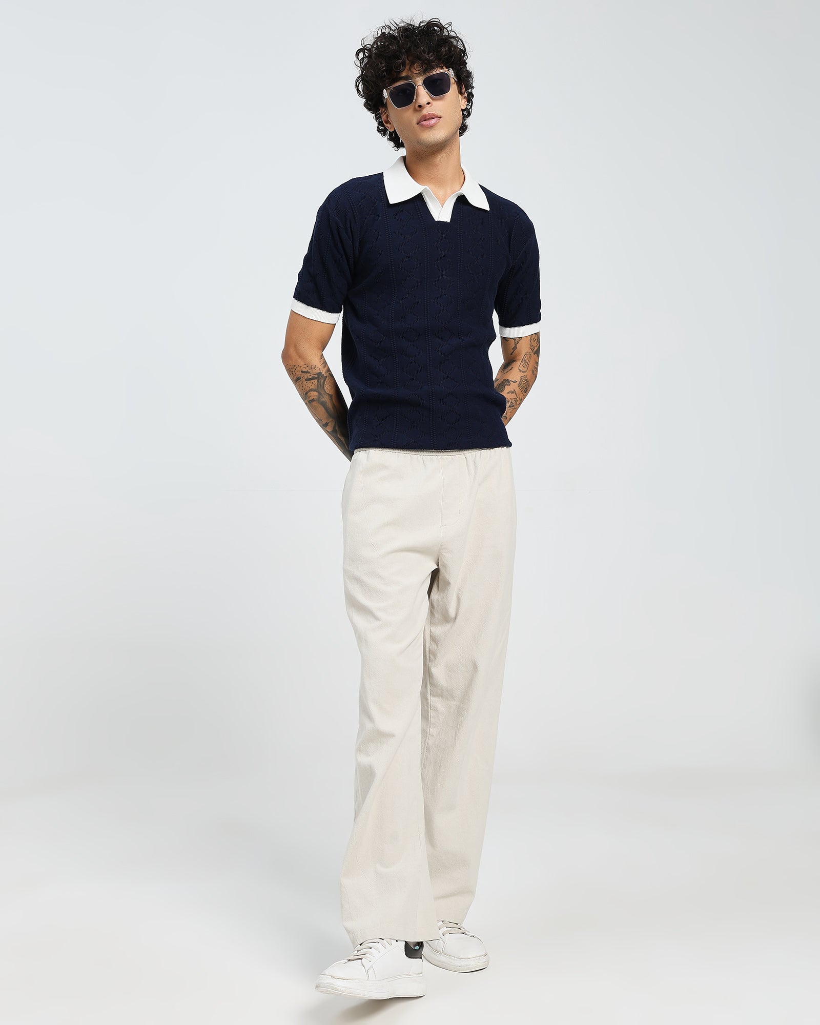 Navy Knitted Polo – White Collar Design