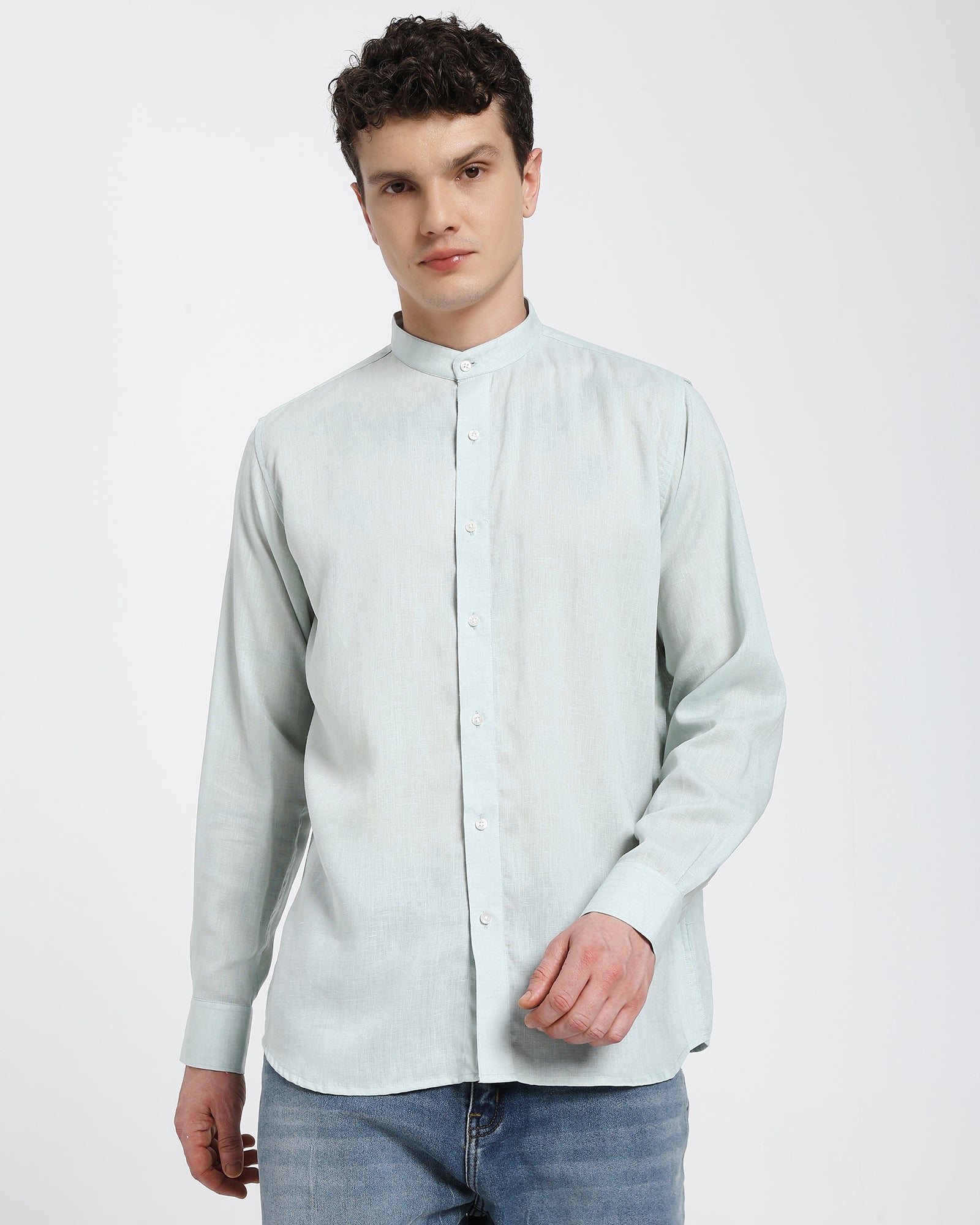 Mandarin collar shirt-Sea Green
