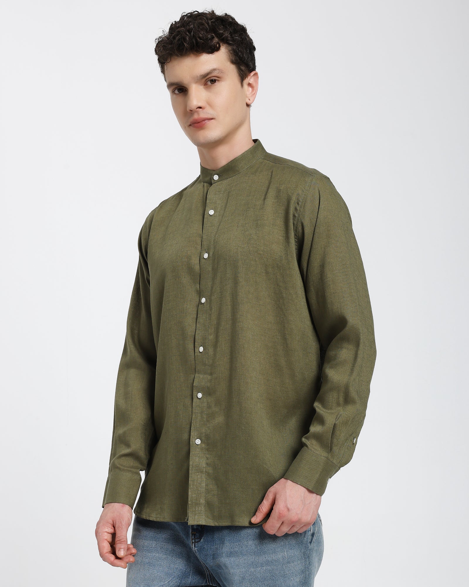 Mandarin collar shirt-Olive Green