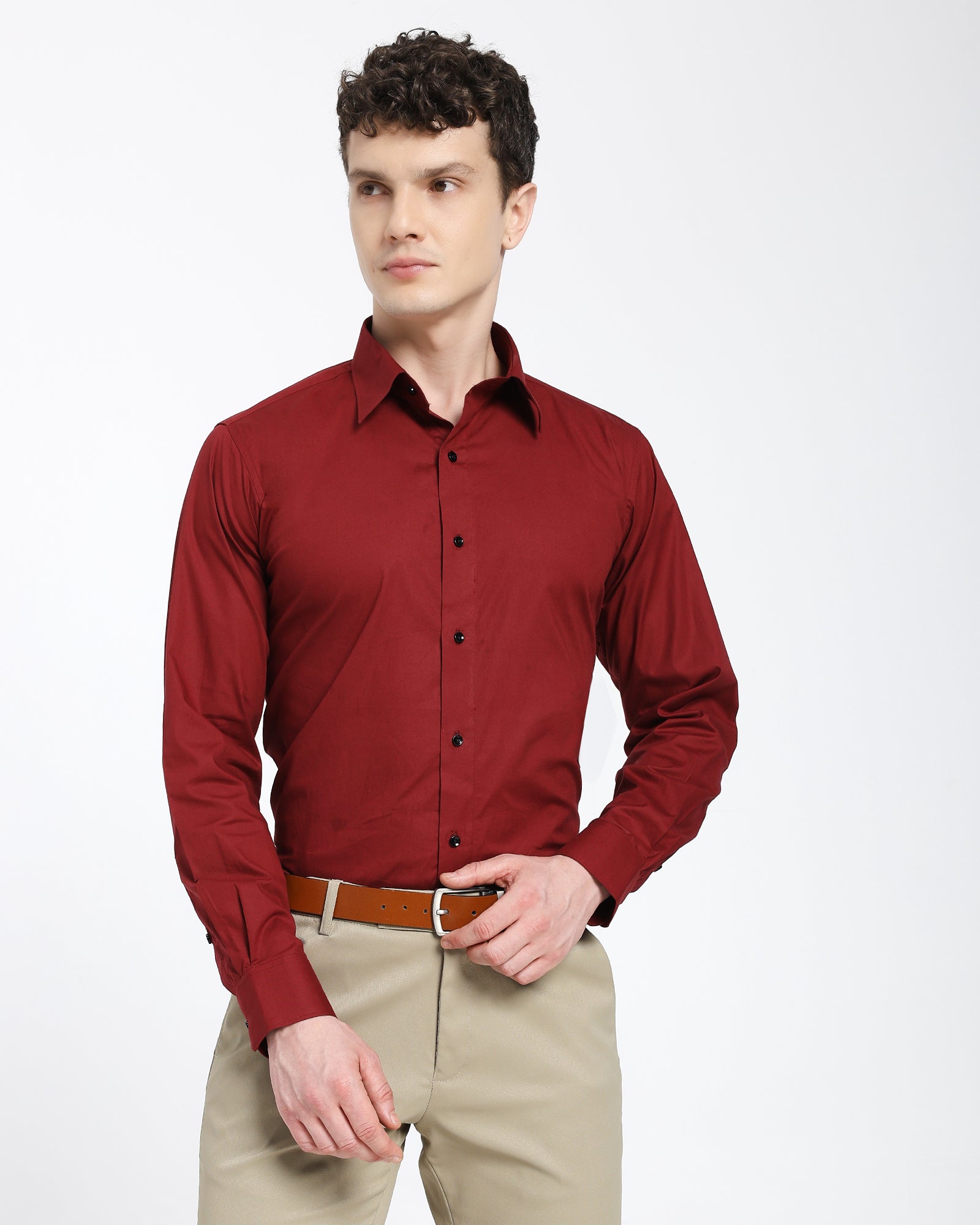 straight collar shirt-Maroon