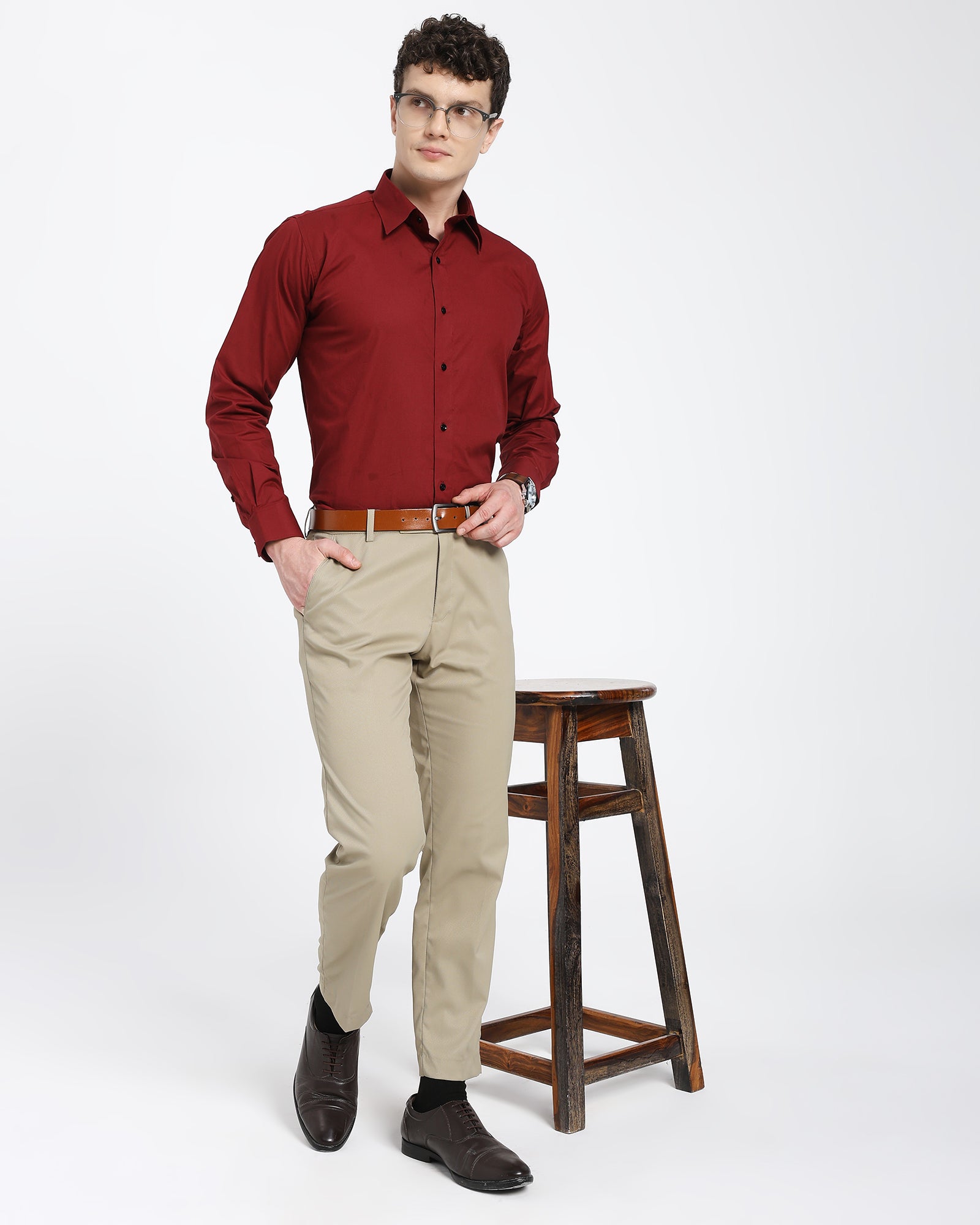 straight collar shirt-Maroon