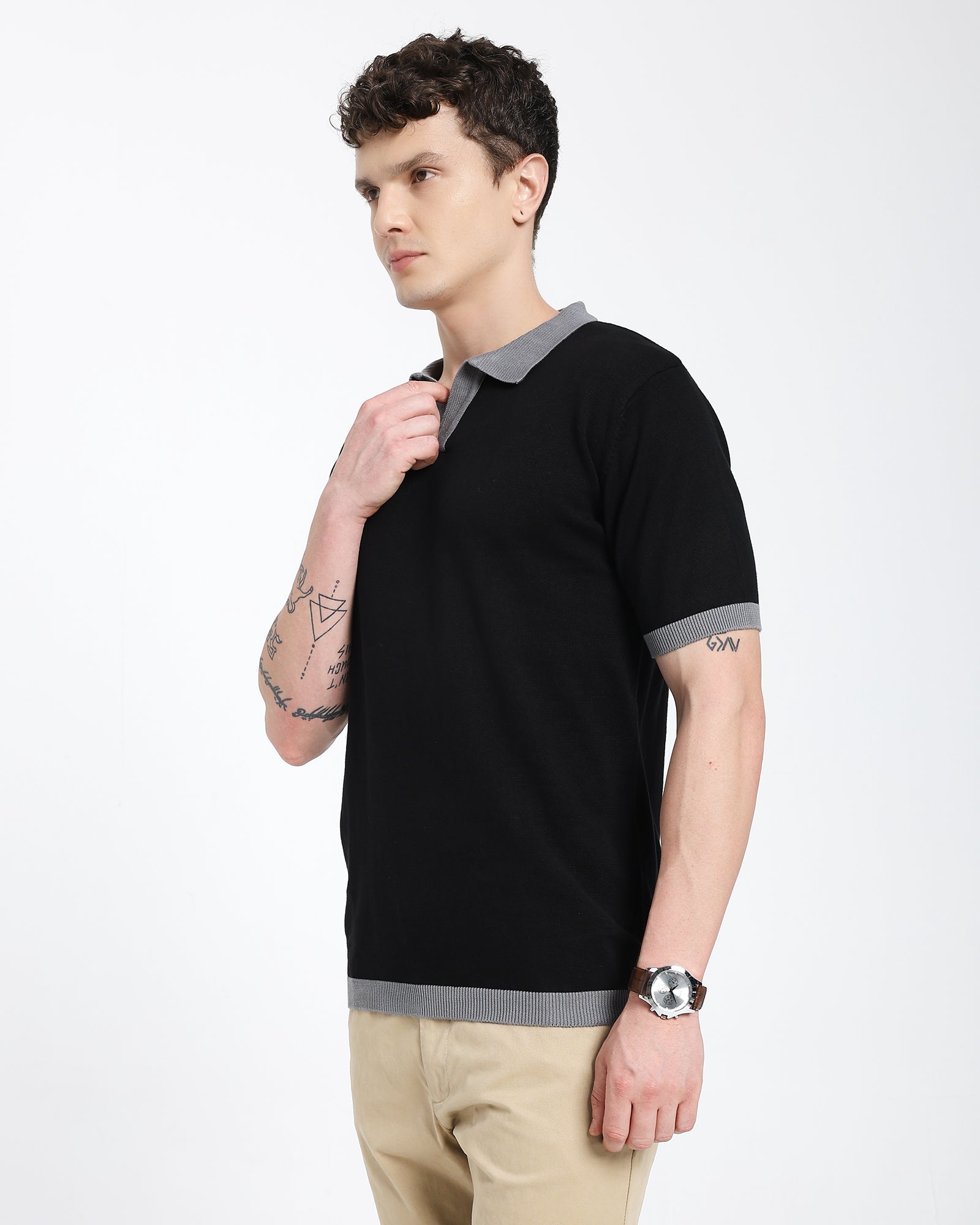 Regular Polo T-Shirt-Black T-Shirt With Gray Collar