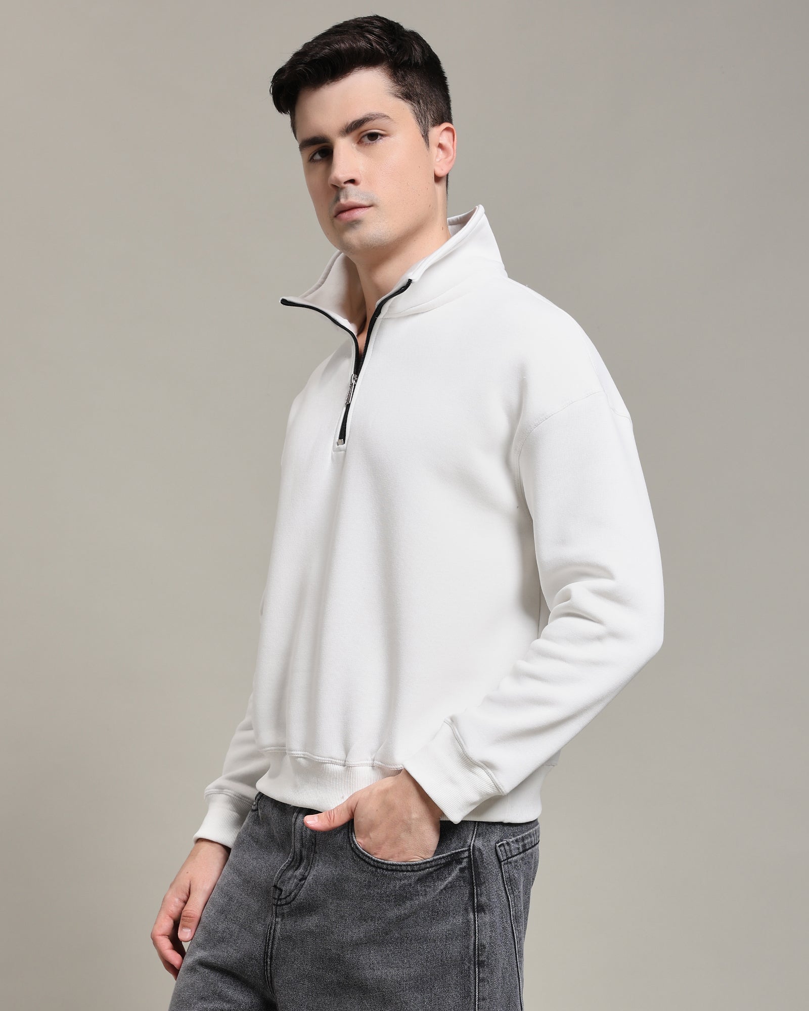 Oversized Half zip sweatshirt (Boxy Fit ) (White)