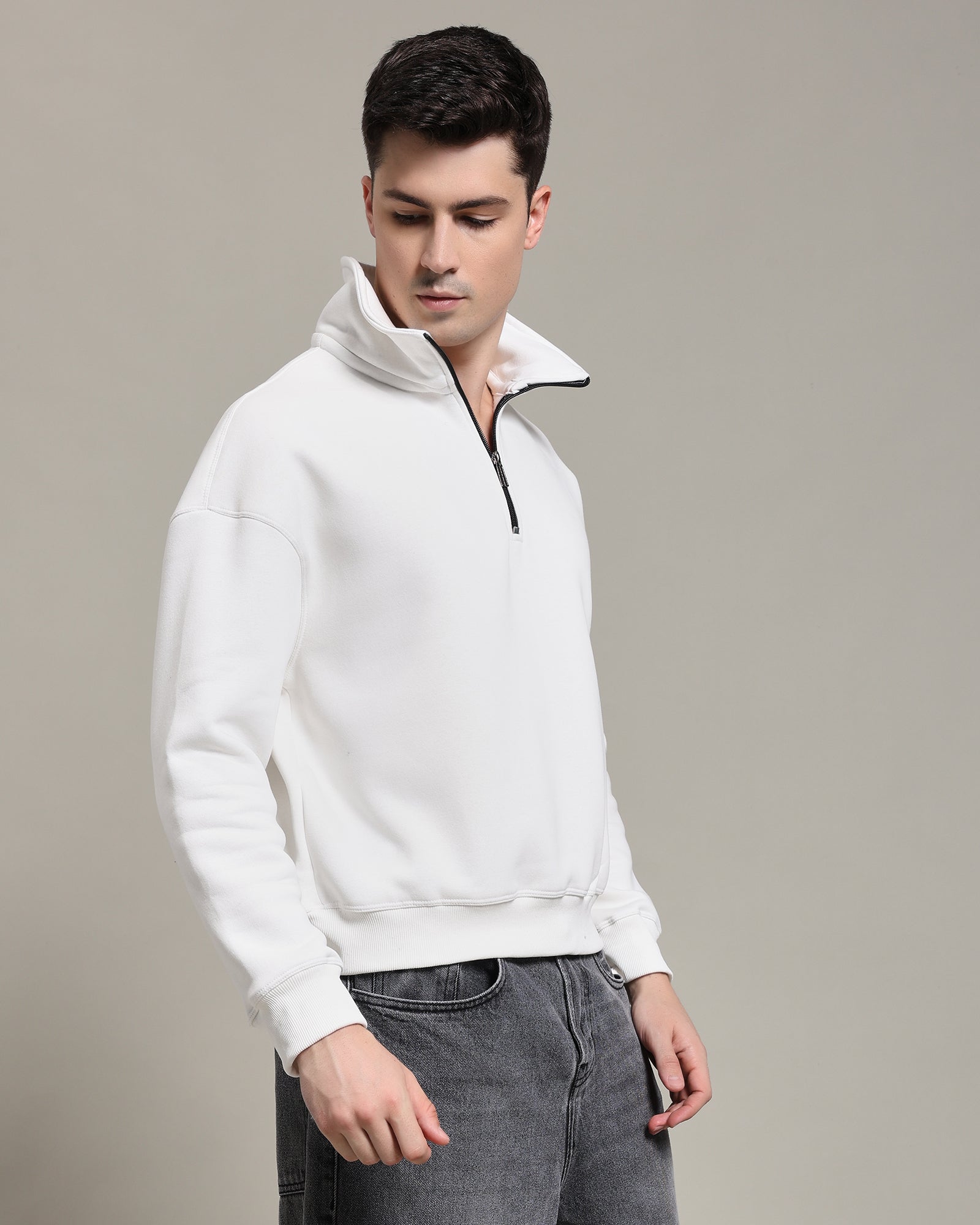 Oversized Half zip sweatshirt (Boxy Fit ) (White)