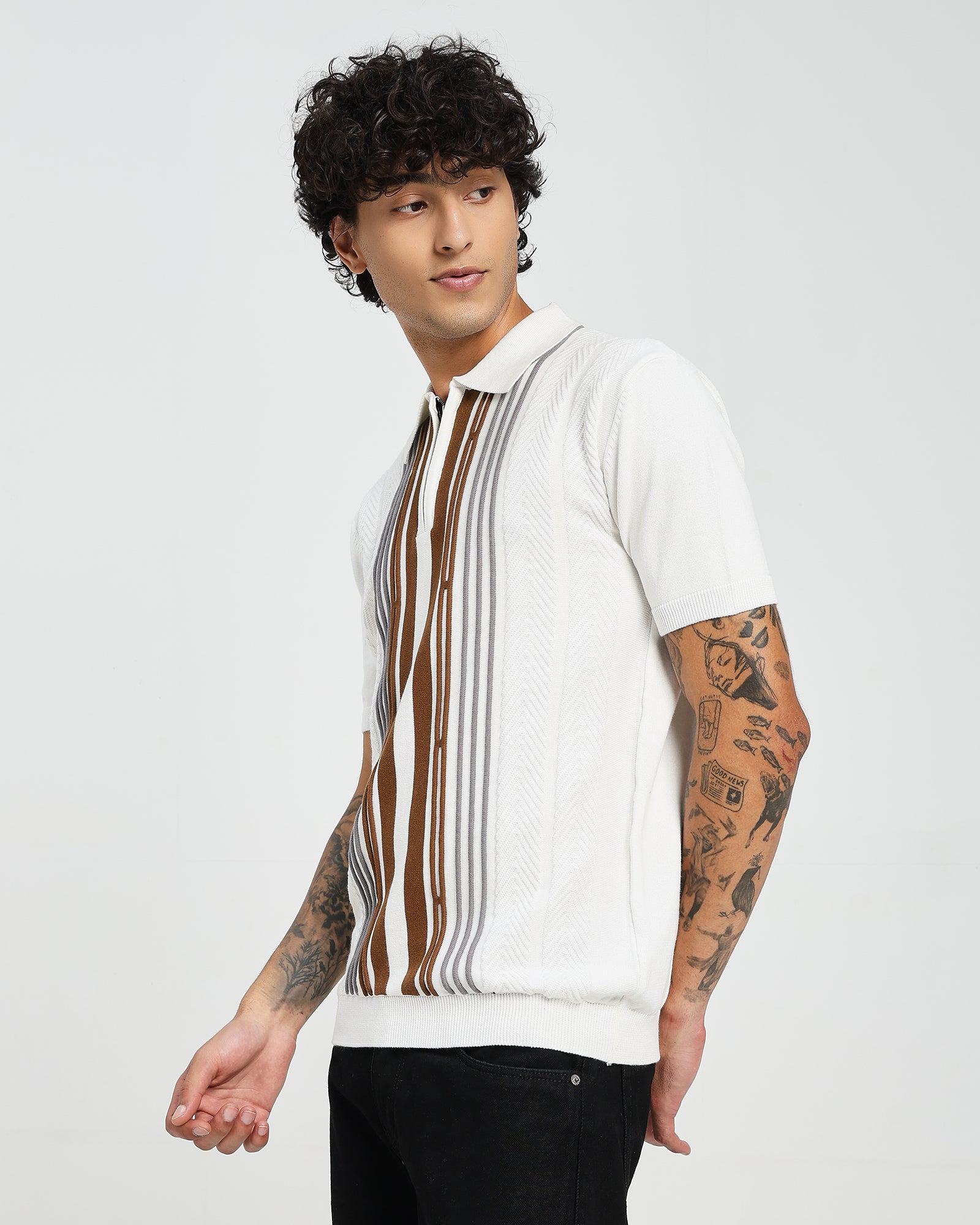 White Knitted Polo – Orange Front Weave T shirt