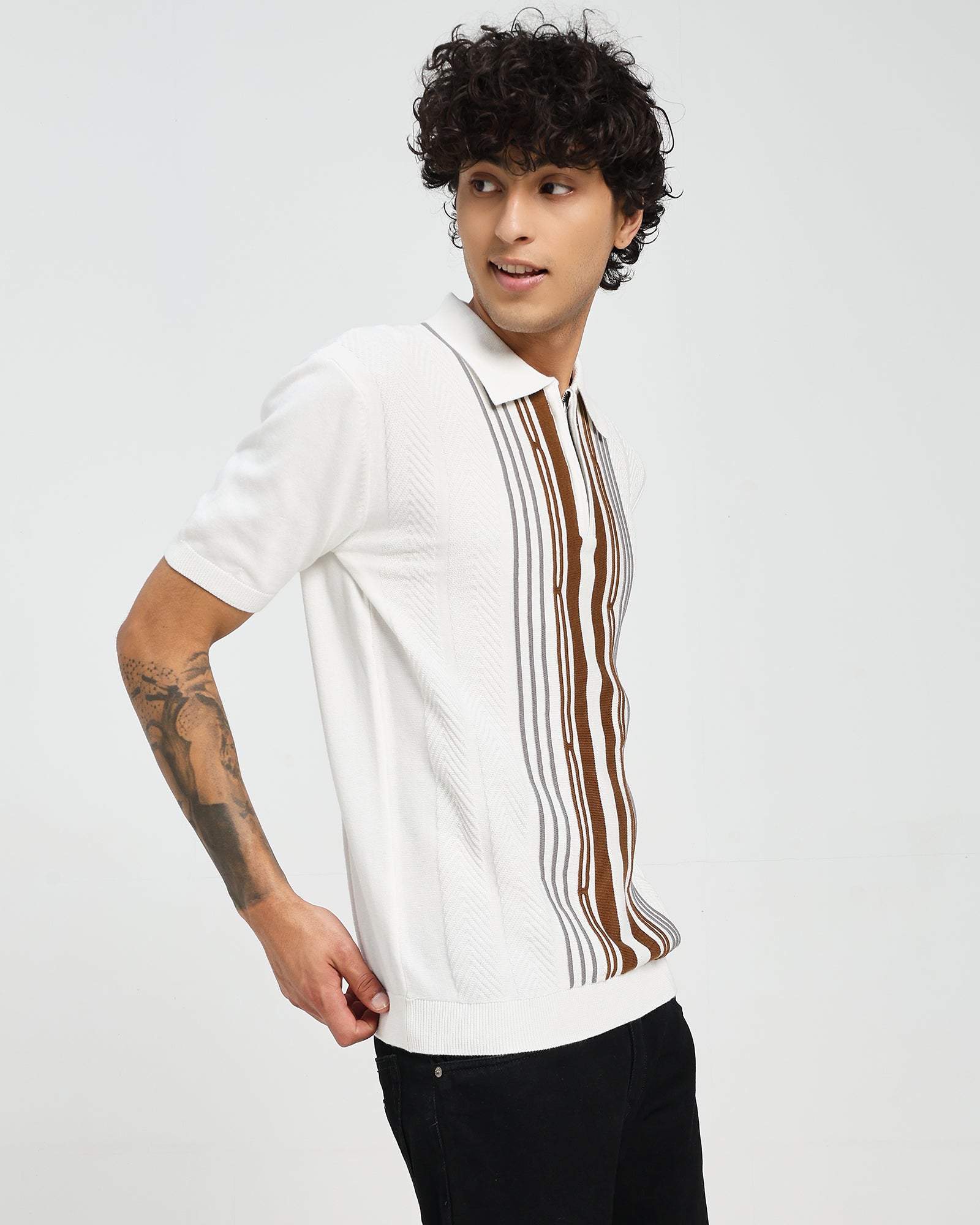 White Knitted Polo – Orange Front Weave T shirt