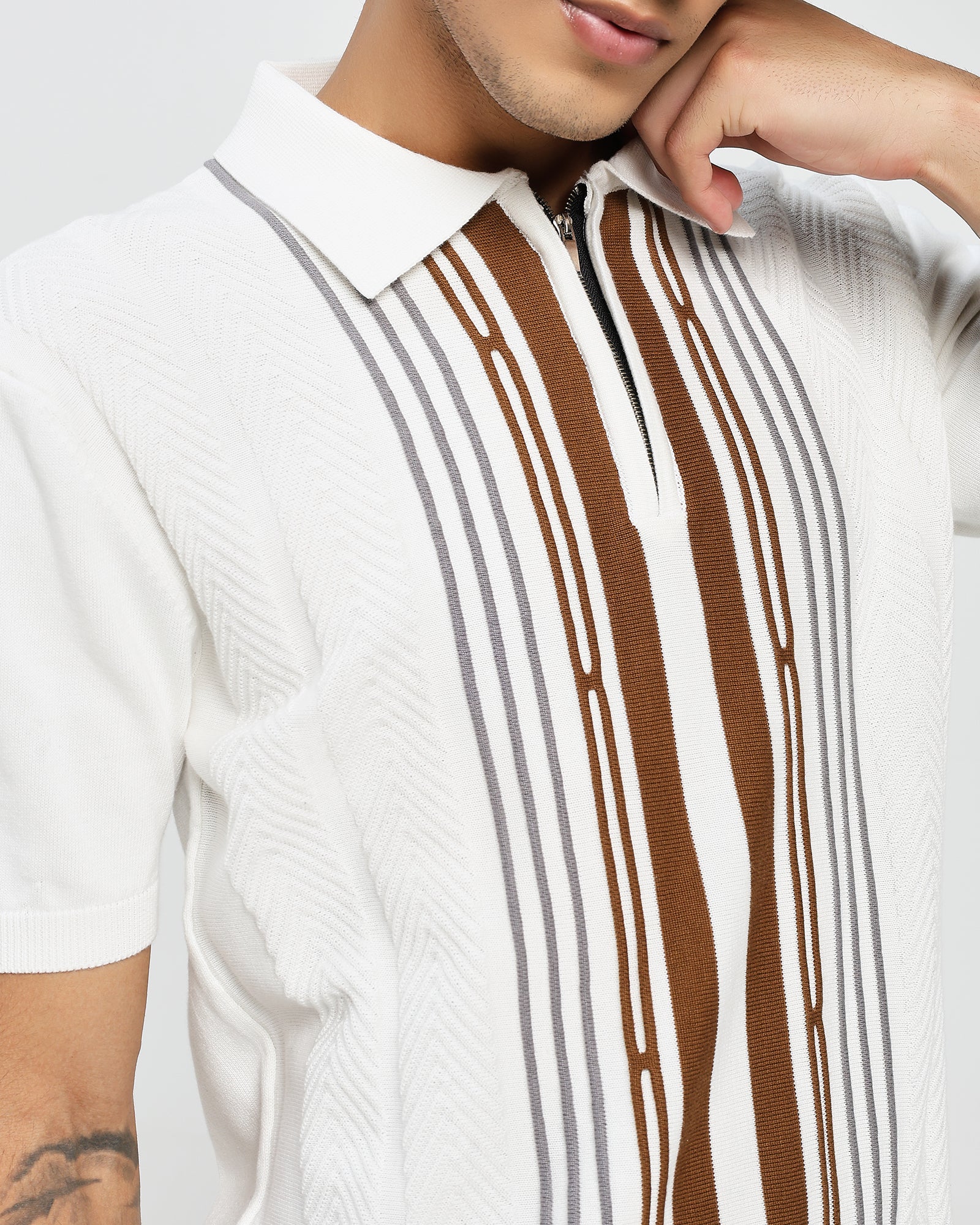 White Knitted Polo – Orange Front Weave T shirt