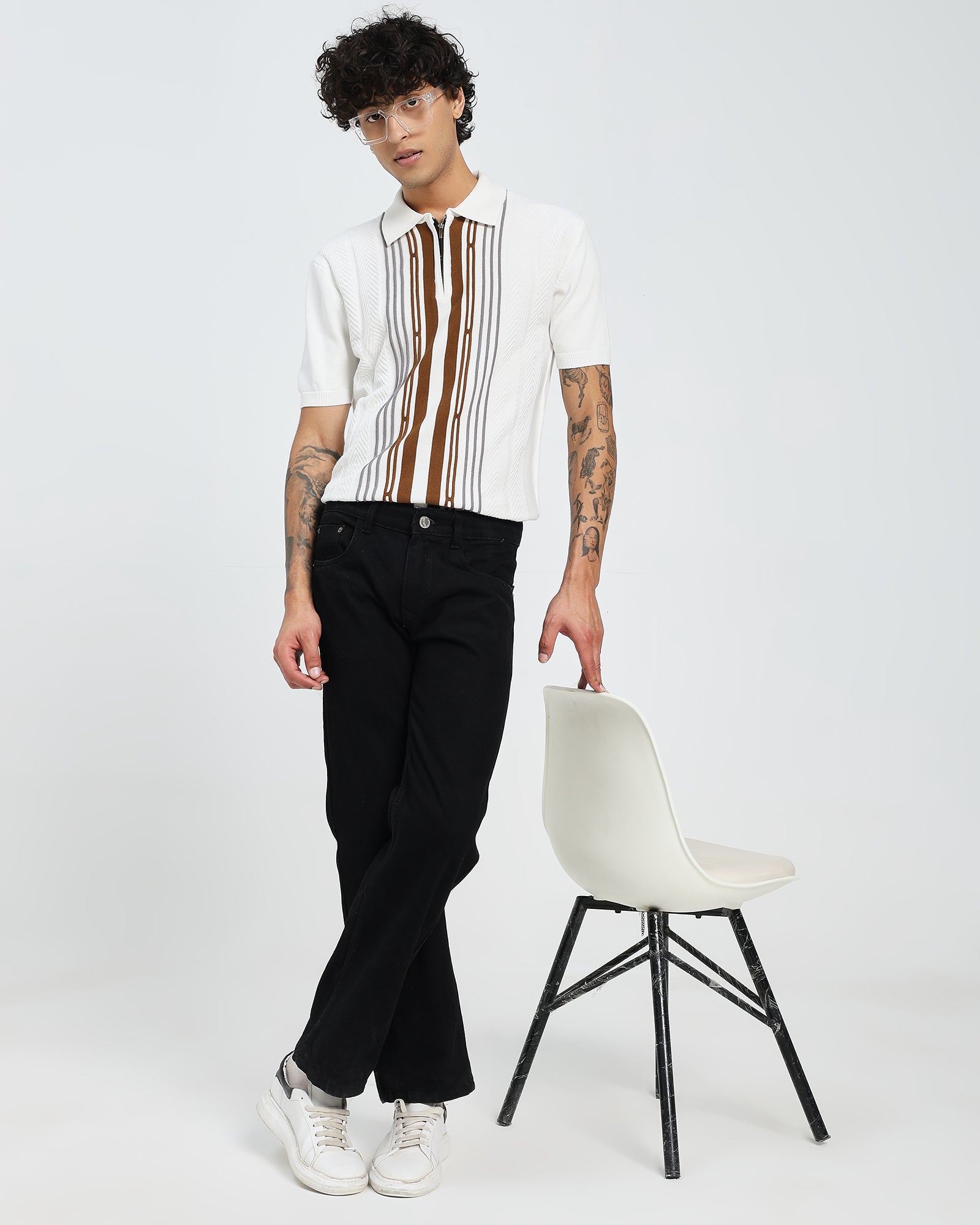 White Knitted Polo – Orange Front Weave T shirt