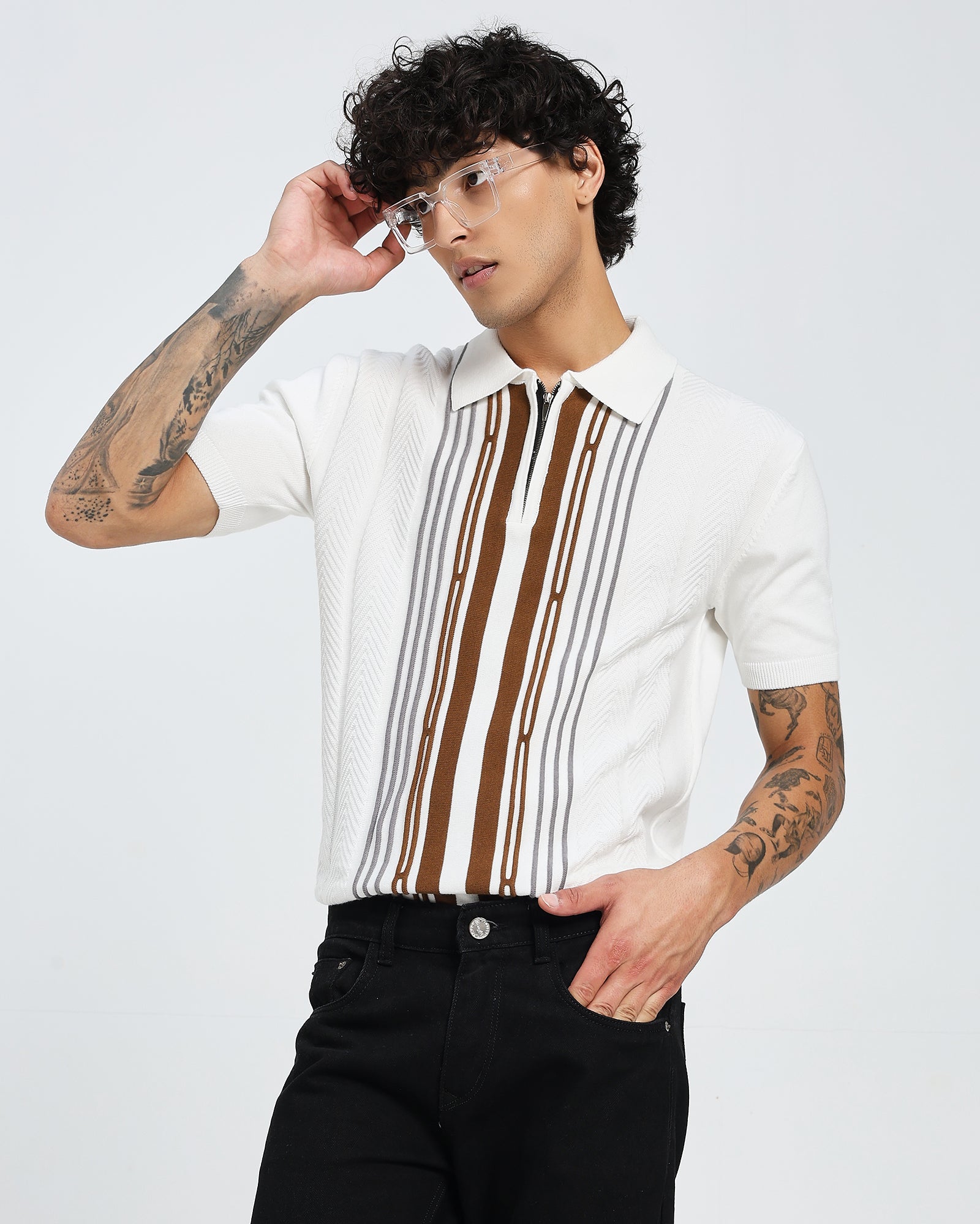 White Knitted Polo – Orange Front Weave T shirt