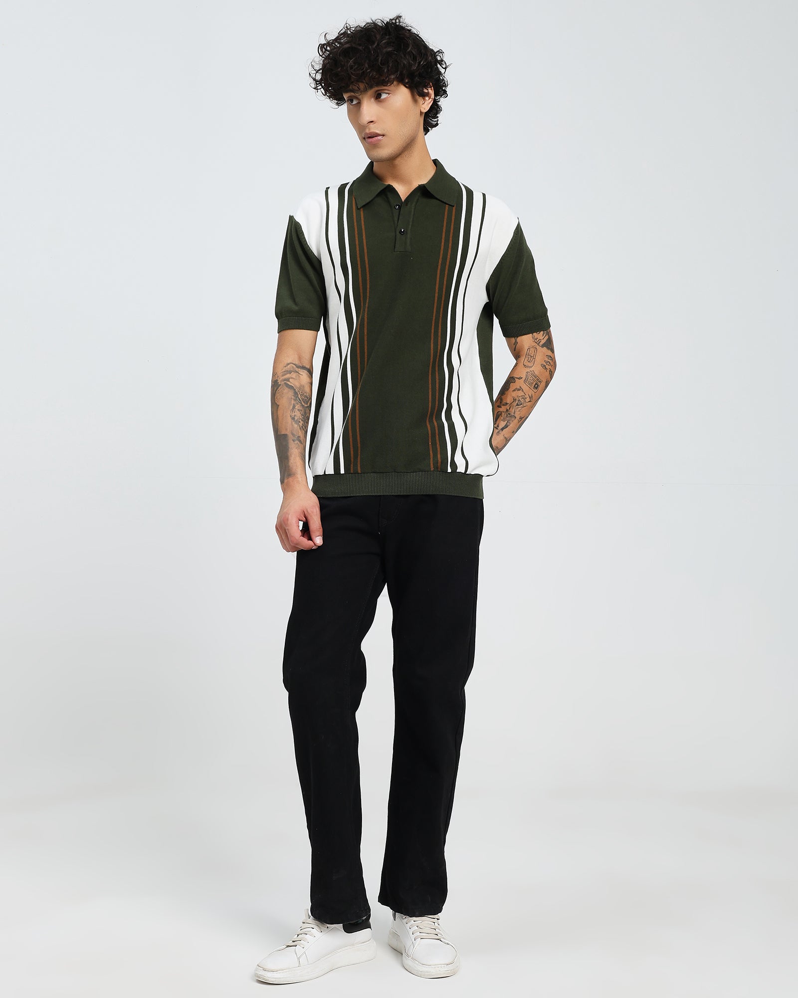Dark Green Knit Polo – Contrast Stripe Panel
