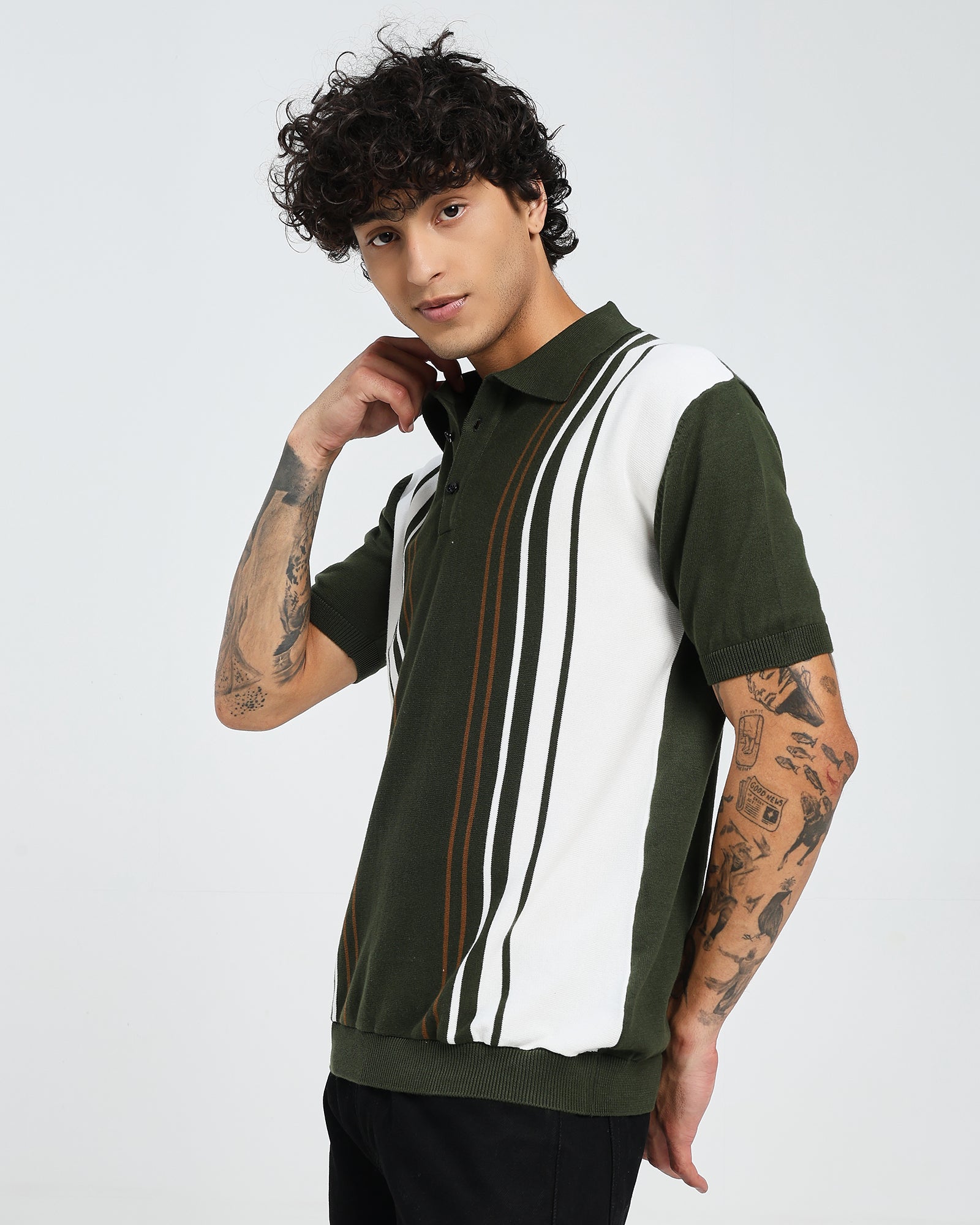Dark Green Knit Polo – Contrast Stripe Panel T shirt