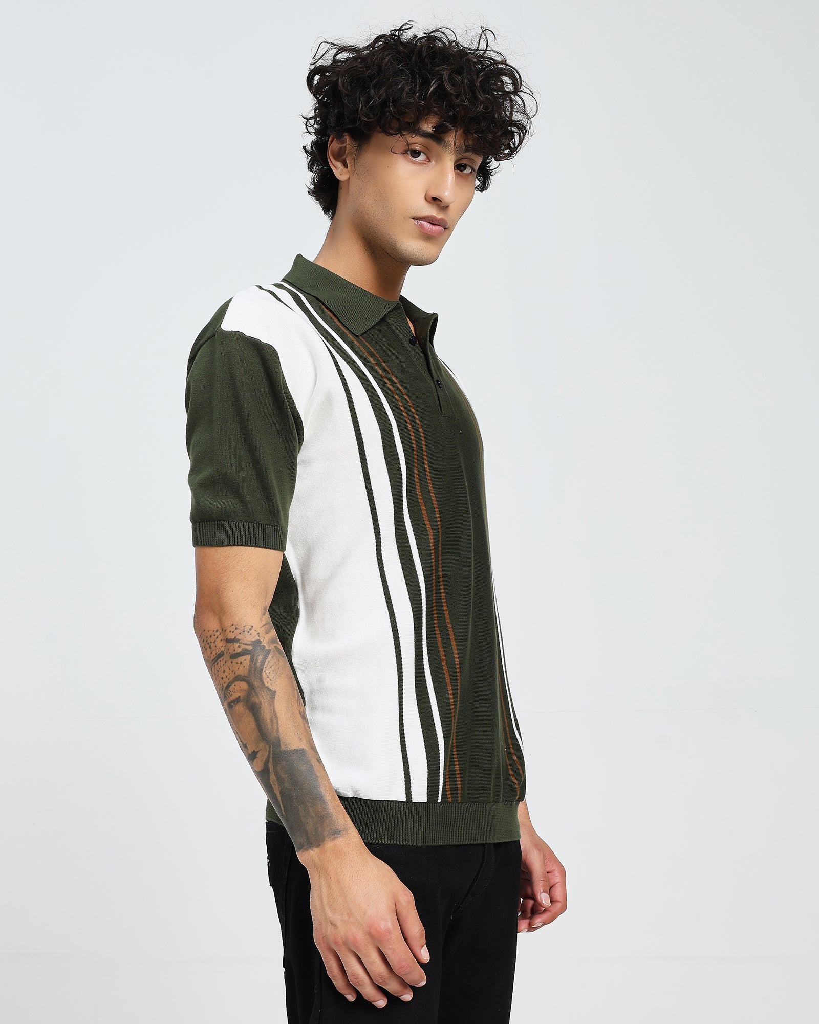 Dark Green Knit Polo – Contrast Stripe Panel T shirt