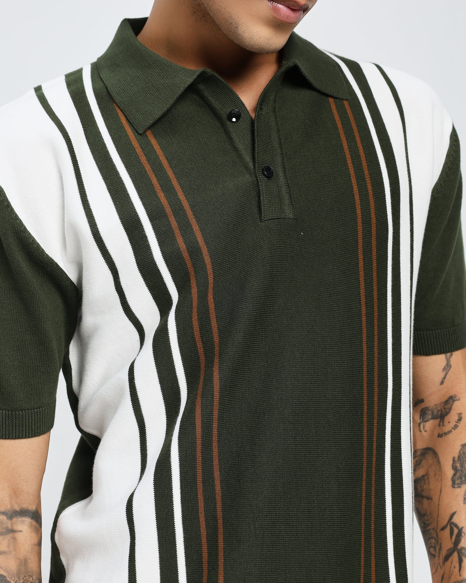 Dark Green Knit Polo – Contrast Stripe Panel T shirt