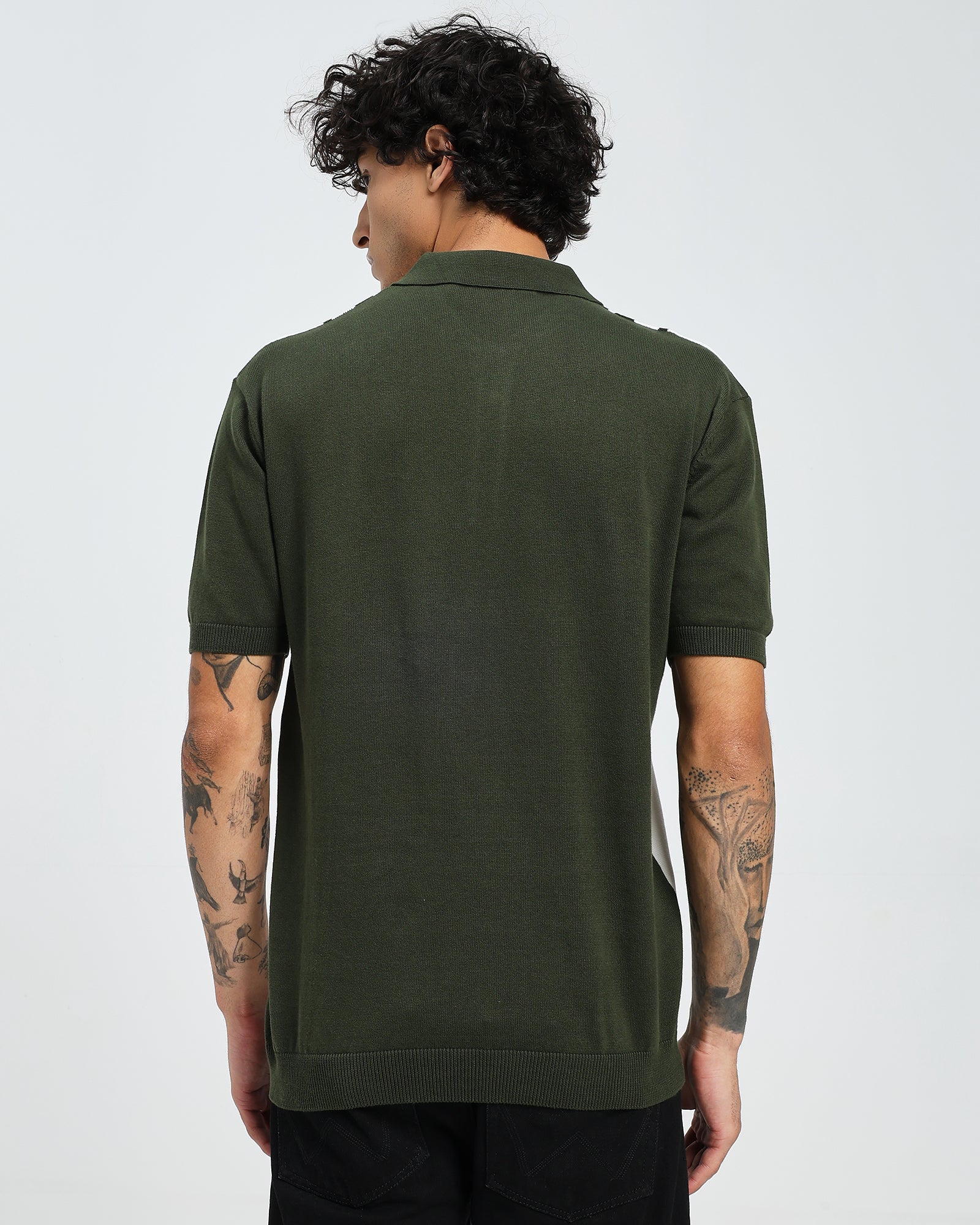 Dark Green Knit Polo – Contrast Stripe Panel T shirt