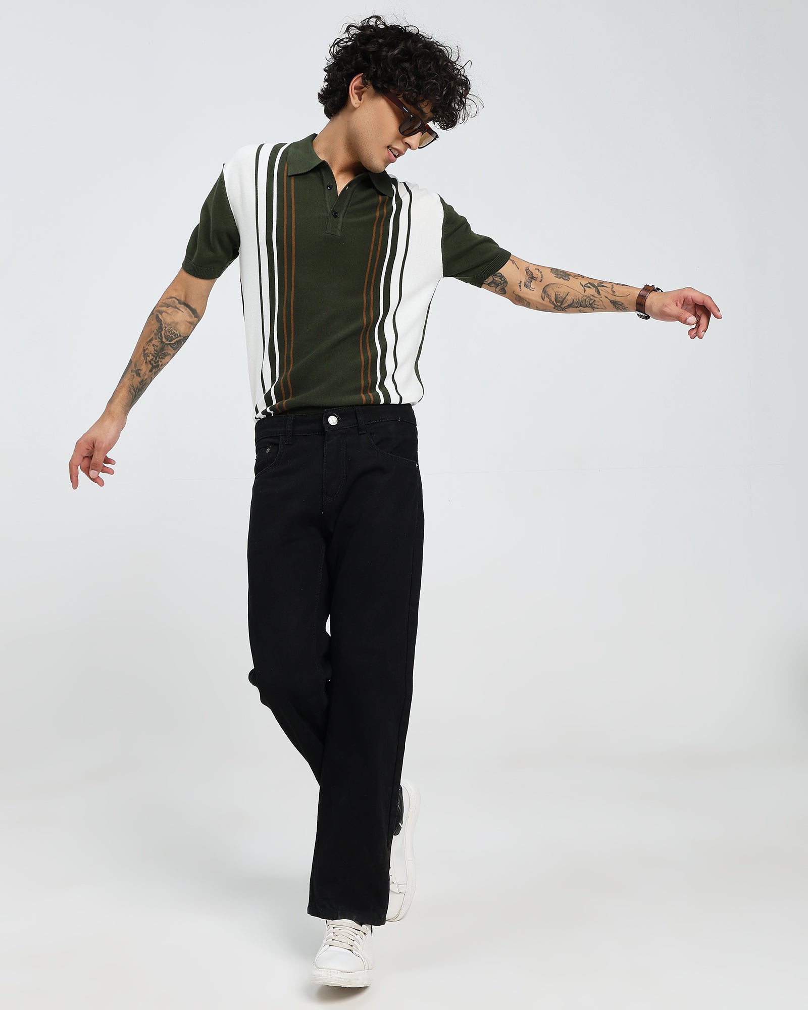 Dark Green Knit Polo – Contrast Stripe Panel T shirt