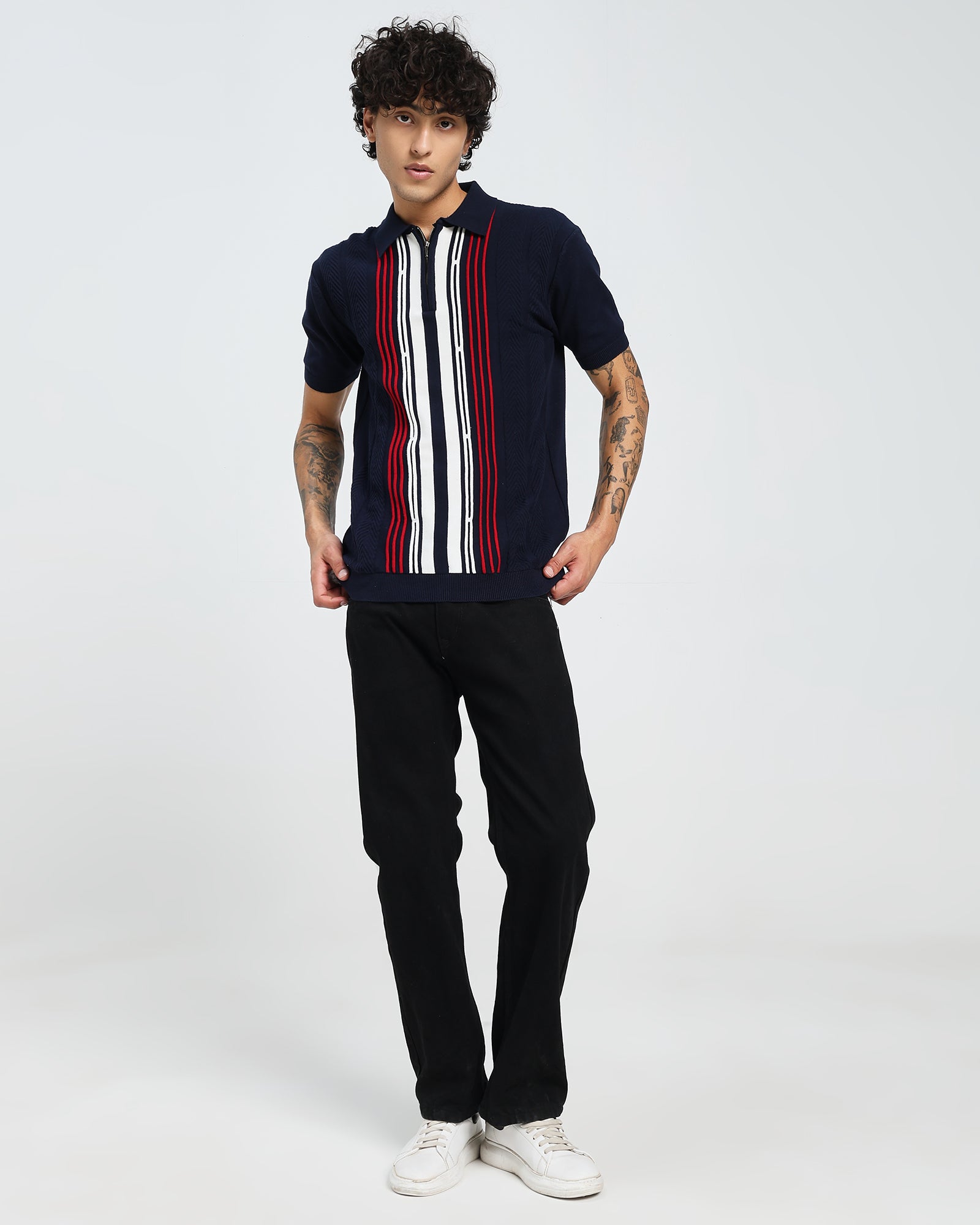 Navy Knit Polo – Red Stripe Panel