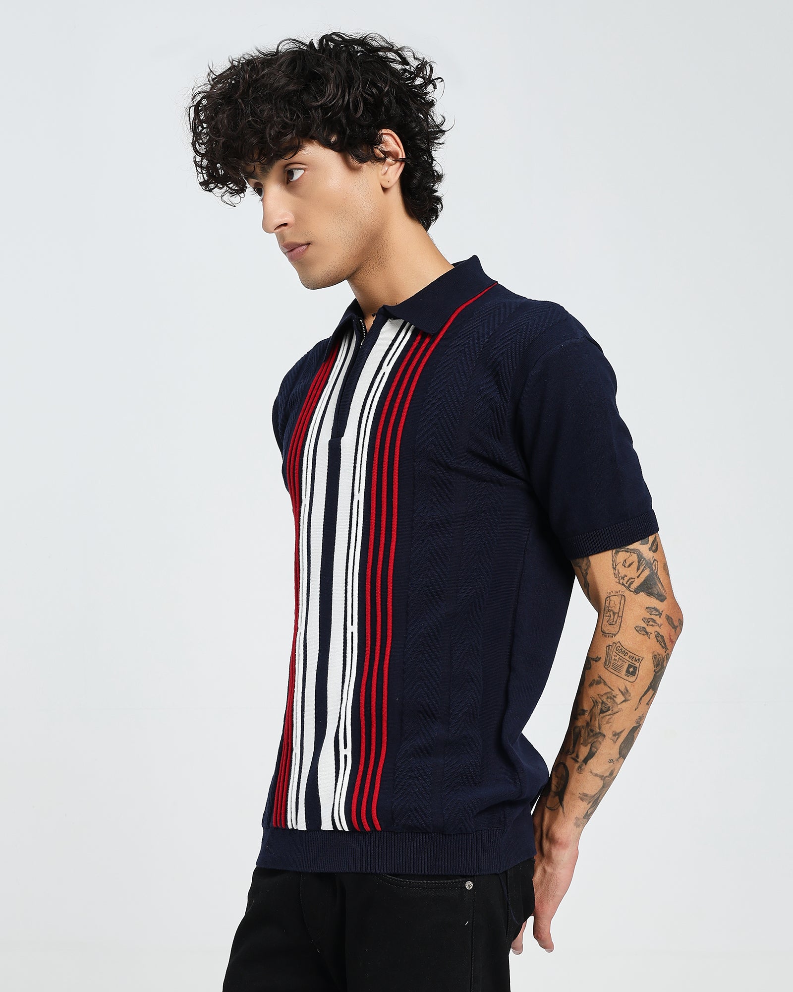 Navy Knit Polo – Red Stripe Panel
