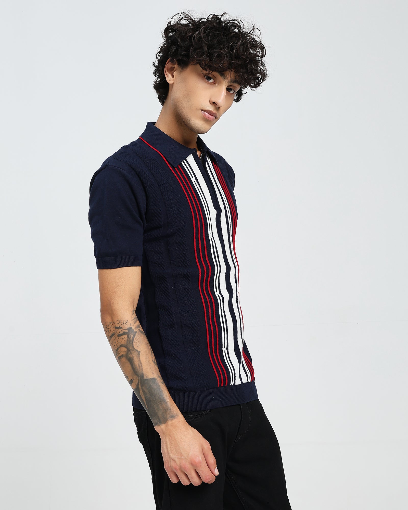 Navy Knit Polo – Red Stripe Panel