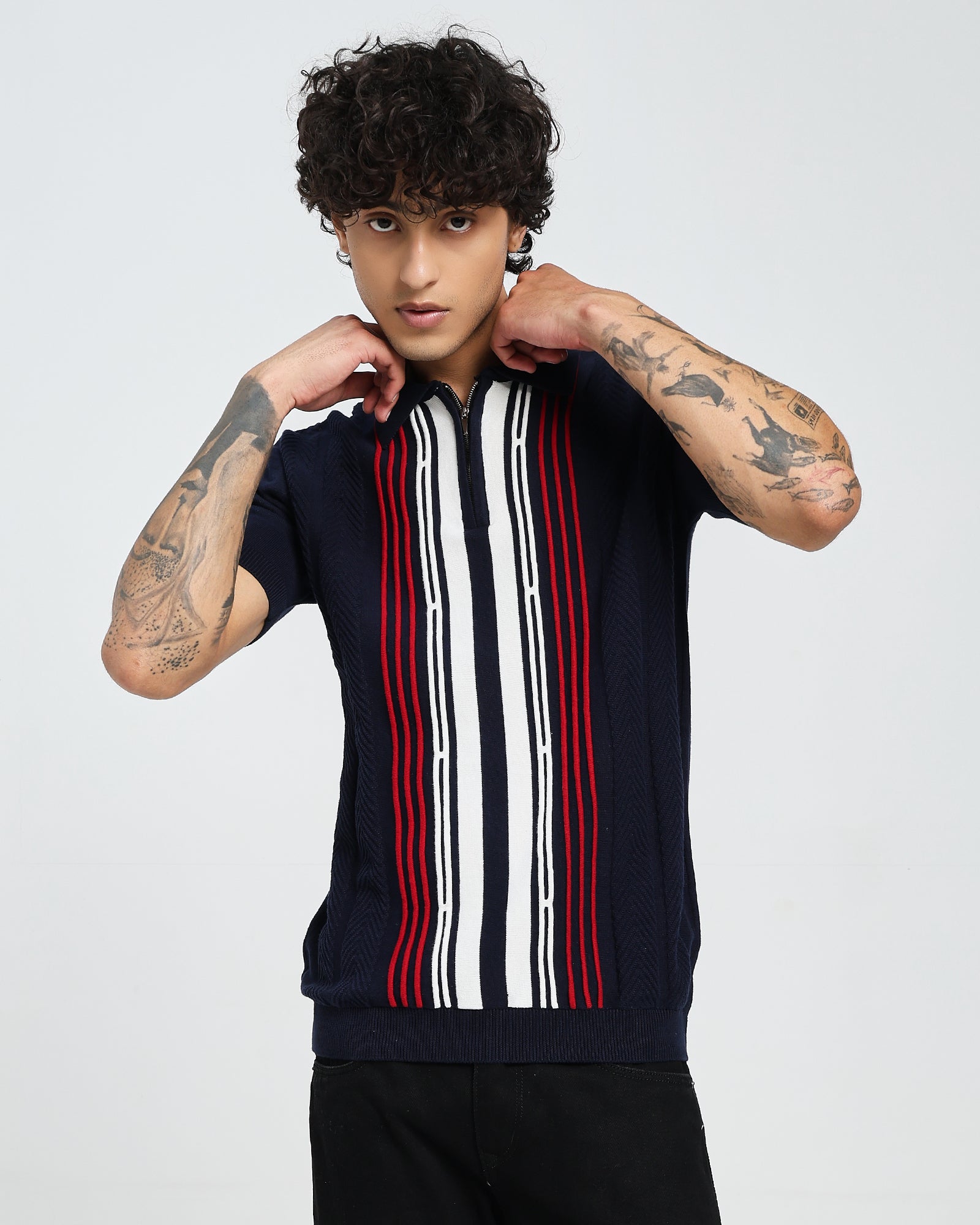 Navy Knit Polo – Red Stripe Panel