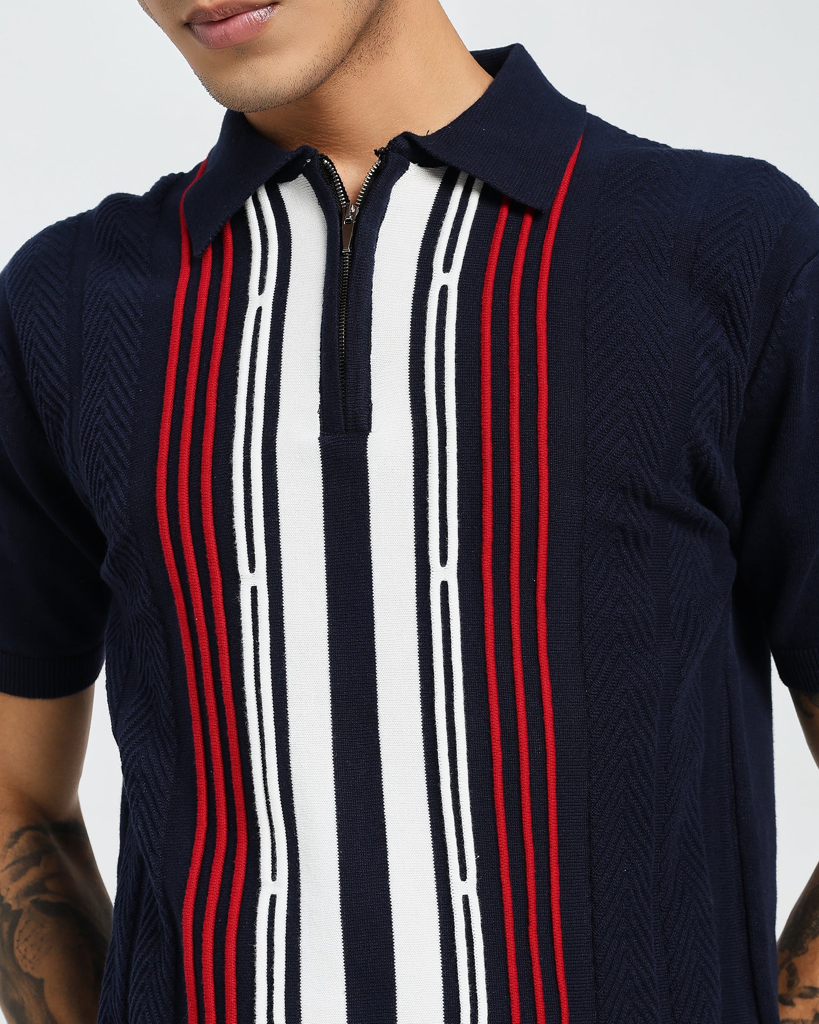 Navy Knit Polo – Red Stripe Panel