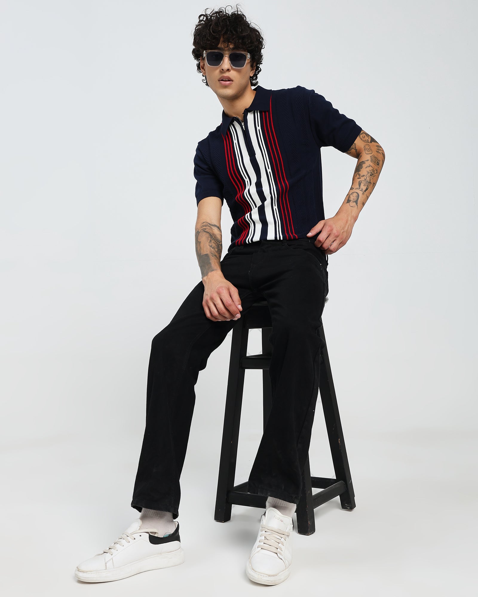 Navy Knit Polo – Red Stripe Panel