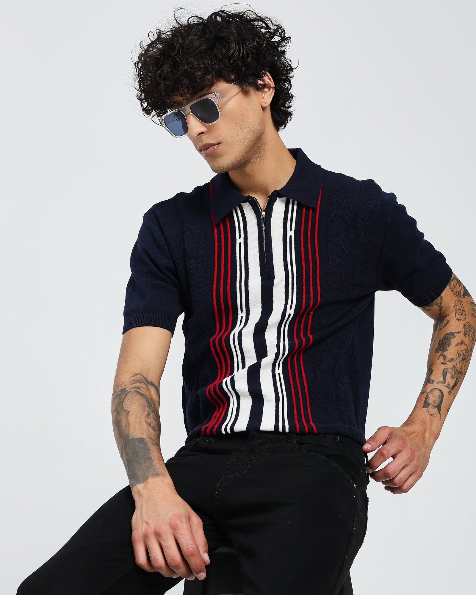 Navy Knit Polo – Red Stripe Panel
