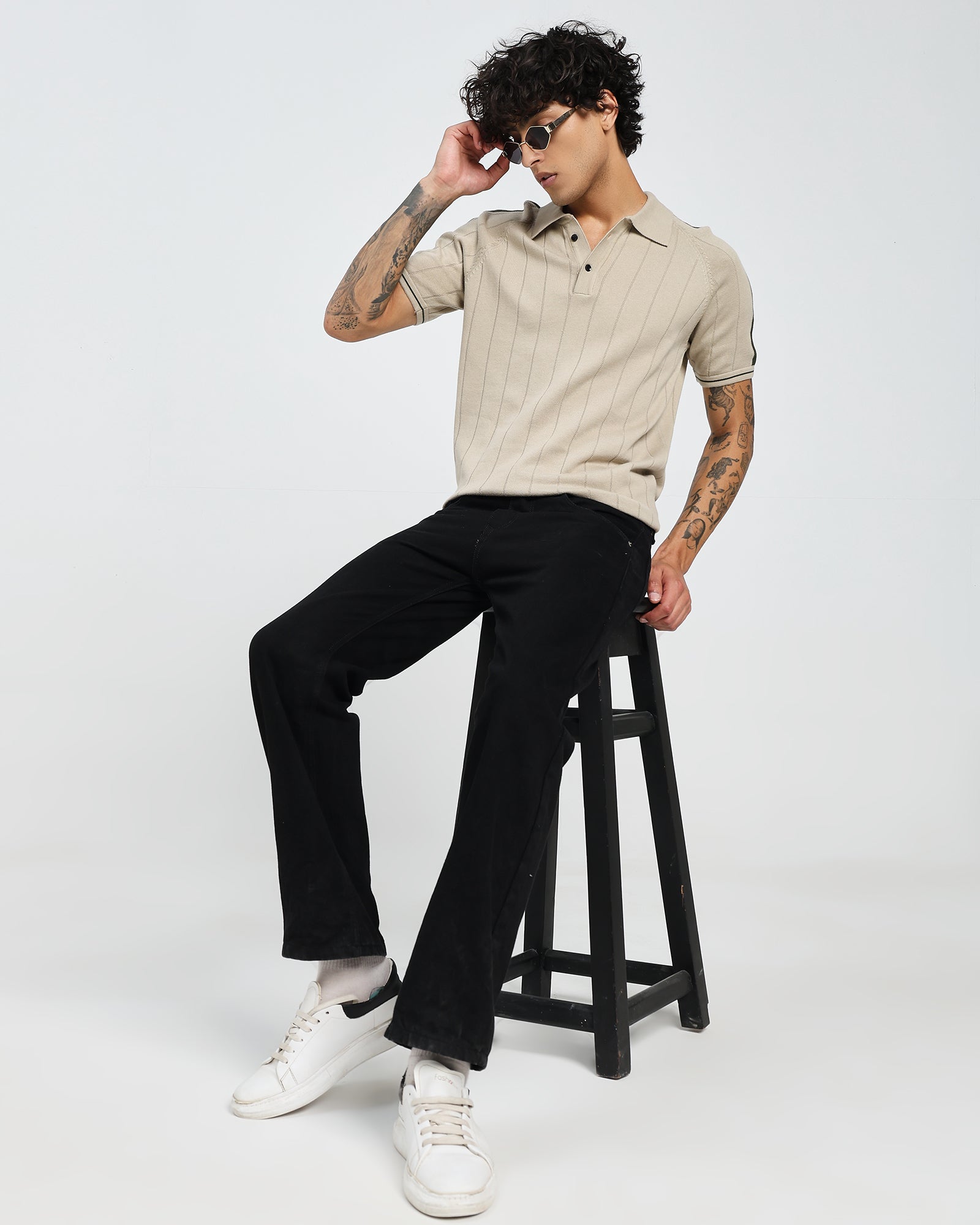Beige Knit Polo – Textured Stripe