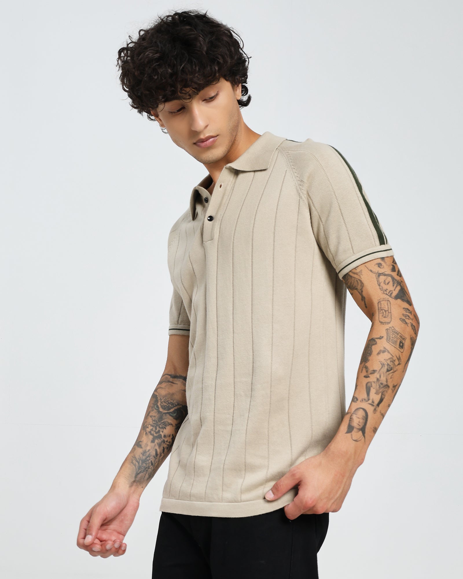Beige Knit Polo – Textured Stripe