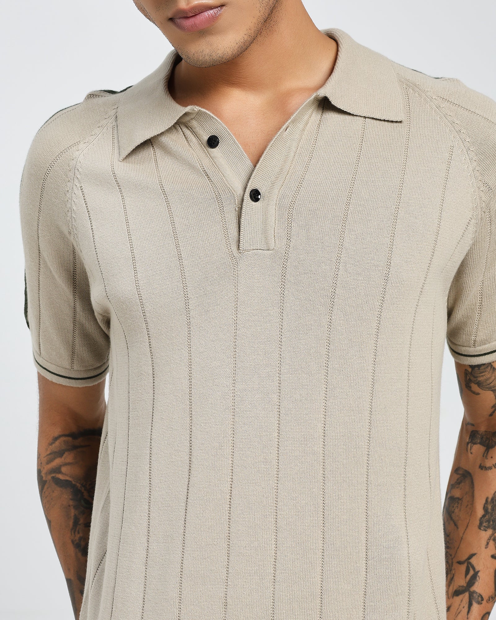 Beige Knit Polo – Textured Stripe