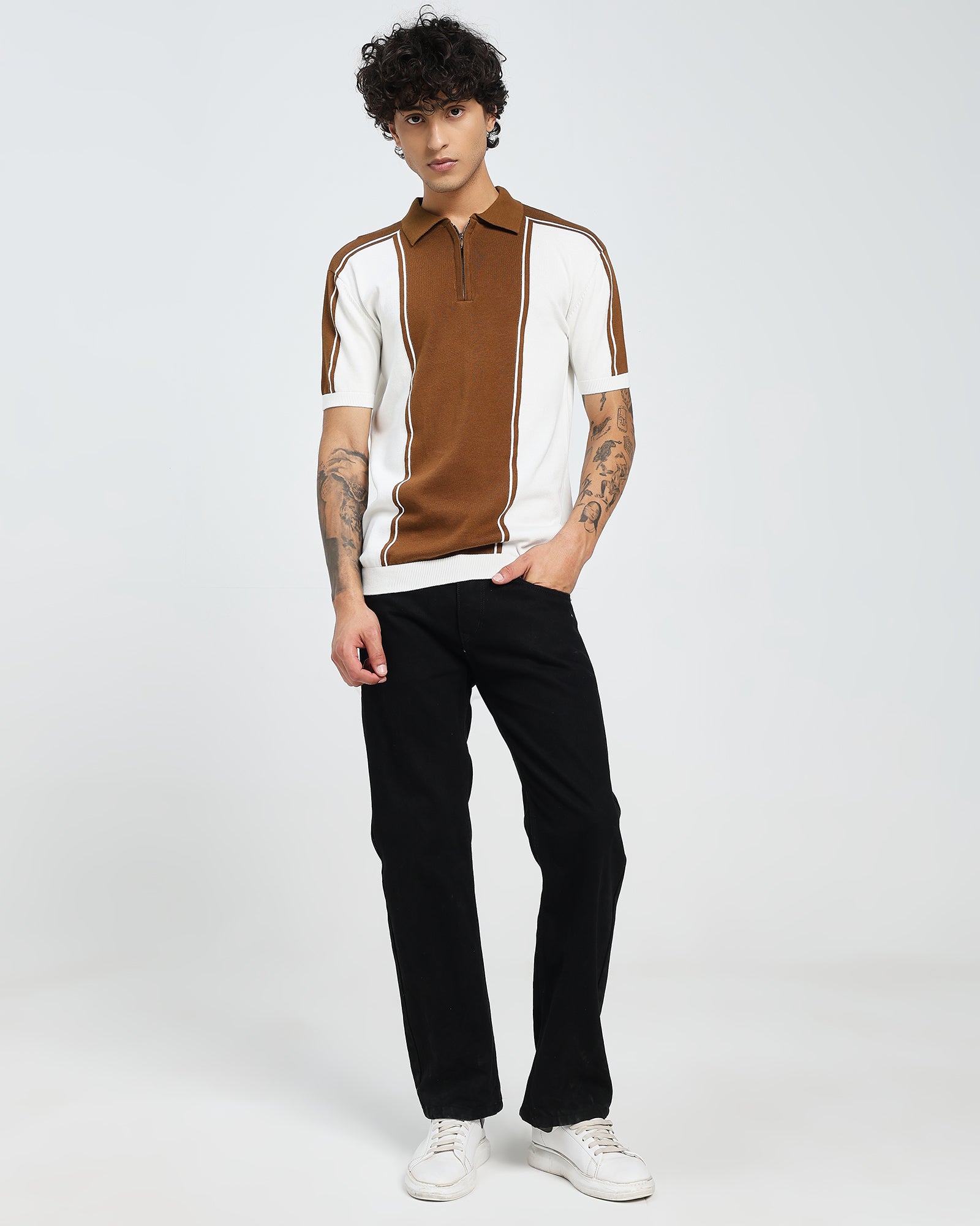 Brown Knit Polo – Contrast Panel Stripe