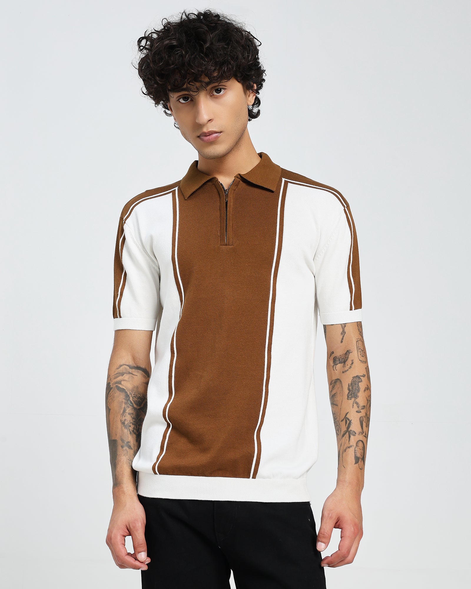Brown Knit Polo – Contrast Panel Stripe