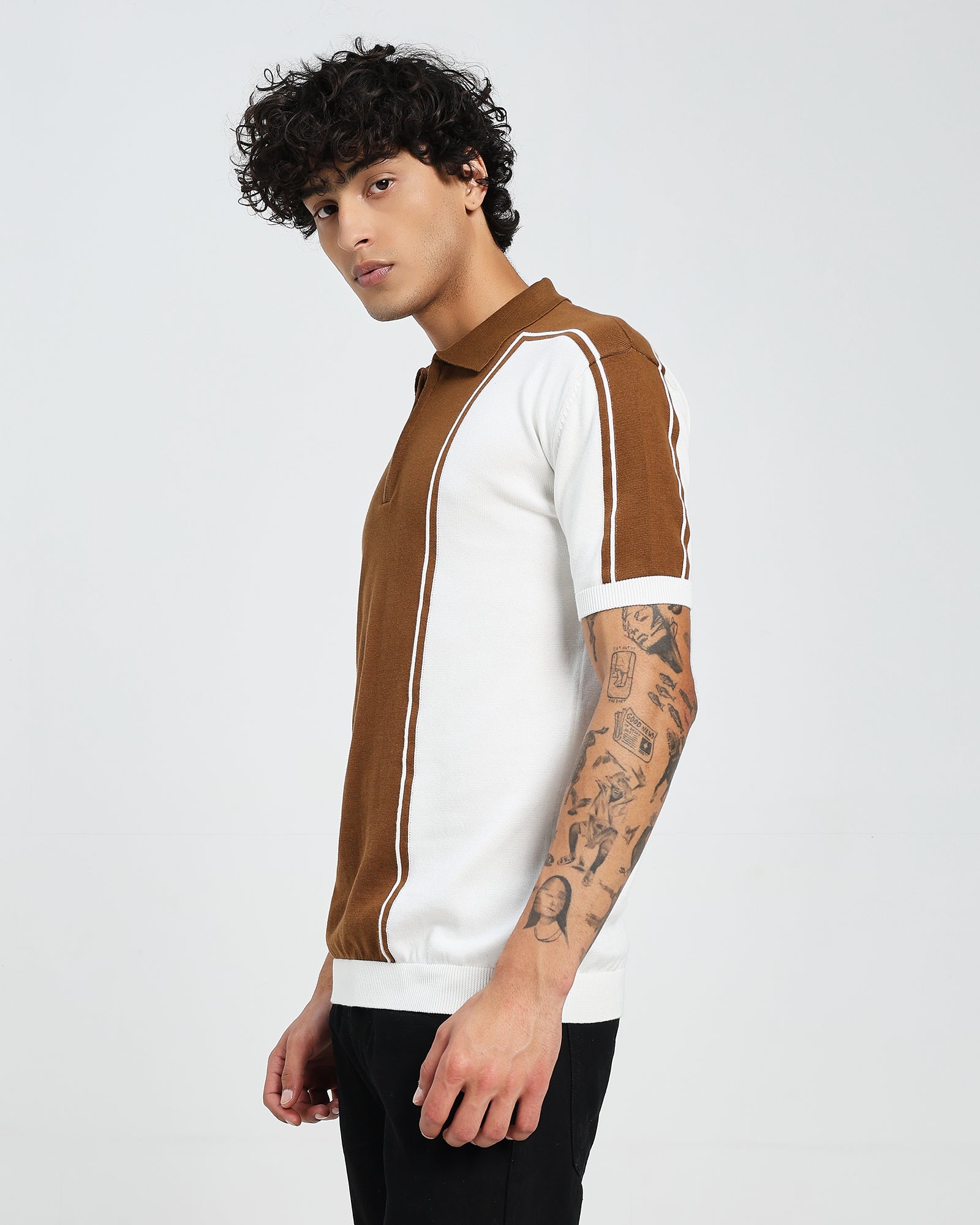 Brown Knit Polo – Contrast Panel Stripe