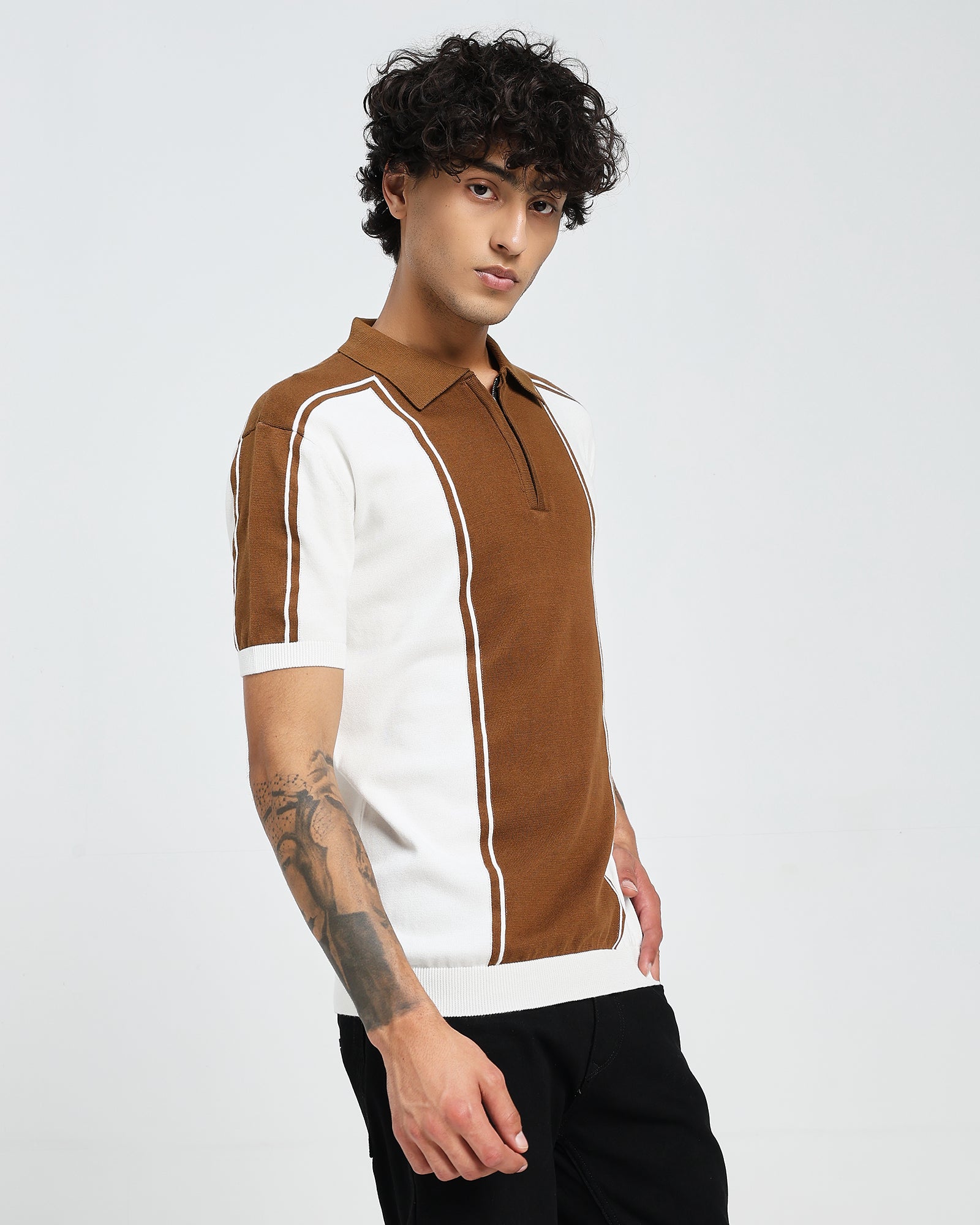 Brown Knit Polo – Contrast Panel Stripe