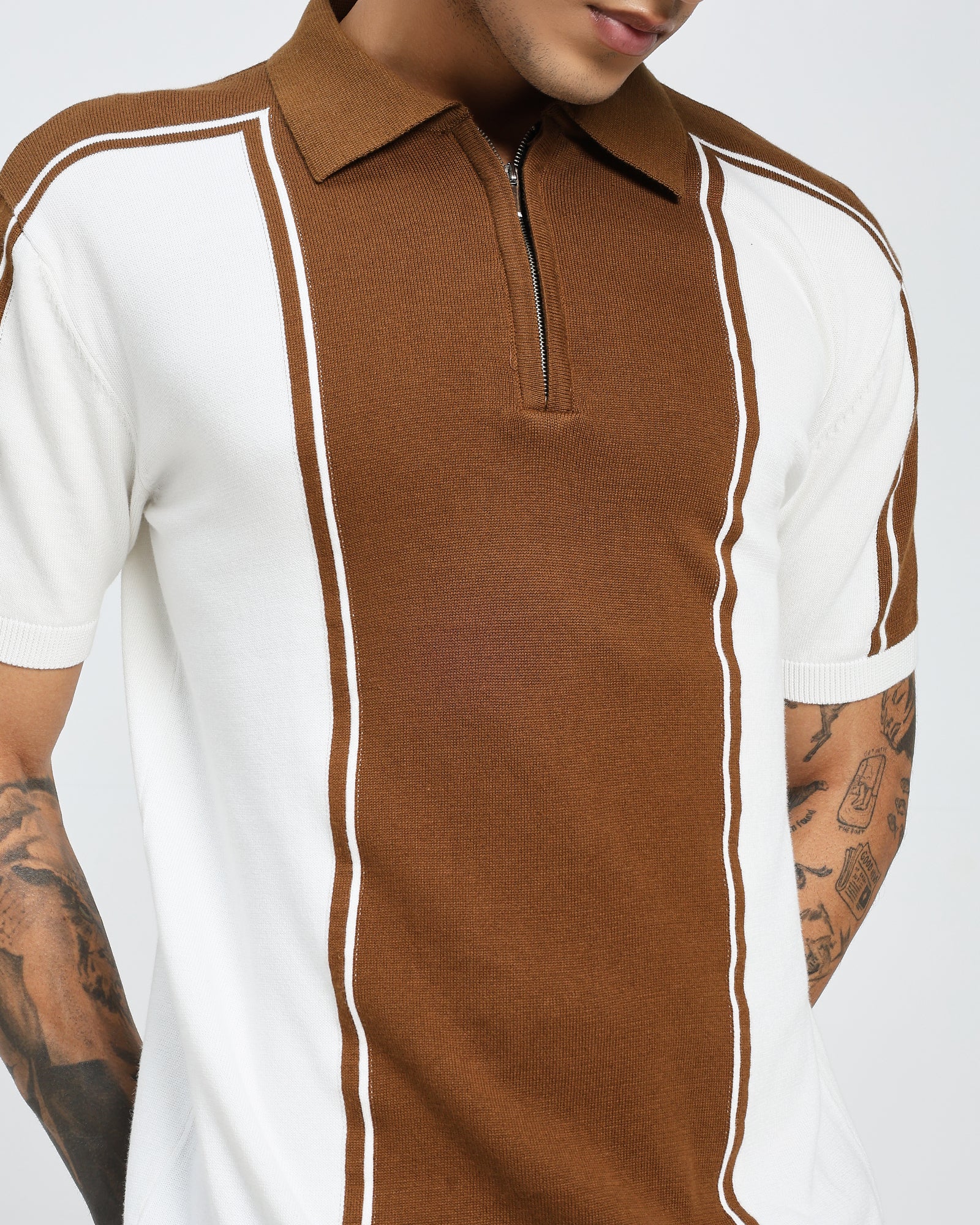 Brown Knit Polo – Contrast Panel Stripe