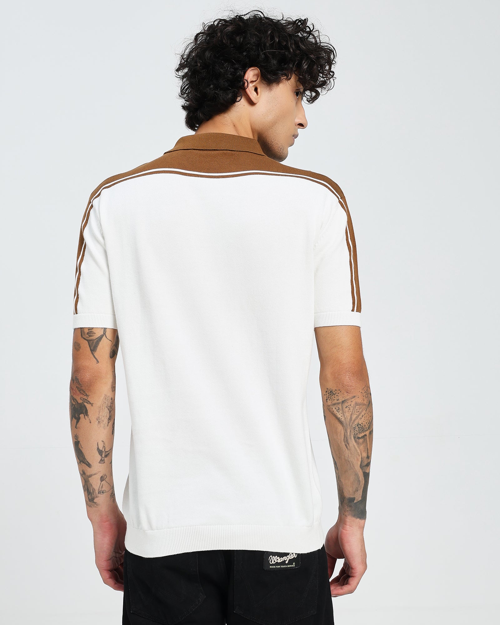 Brown Knit Polo – Contrast Panel Stripe