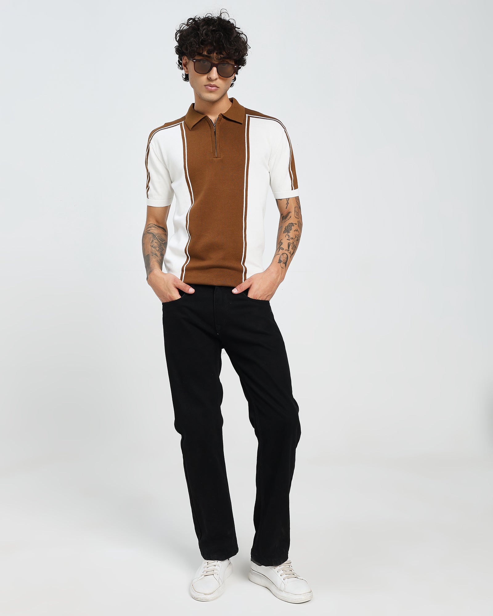 Brown Knit Polo – Contrast Panel Stripe