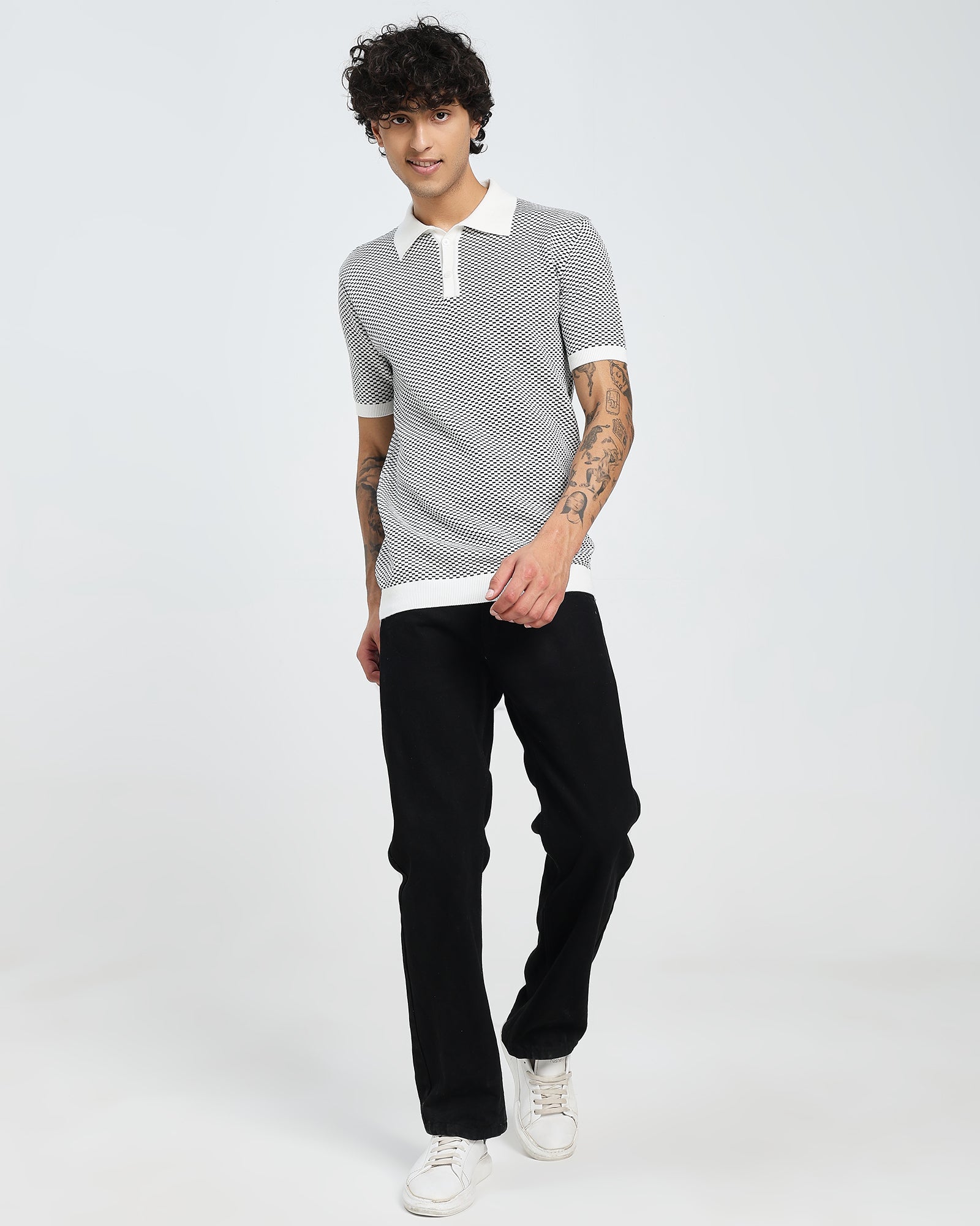 White Knit Polo – Geometric Stripe Pattern T shirt