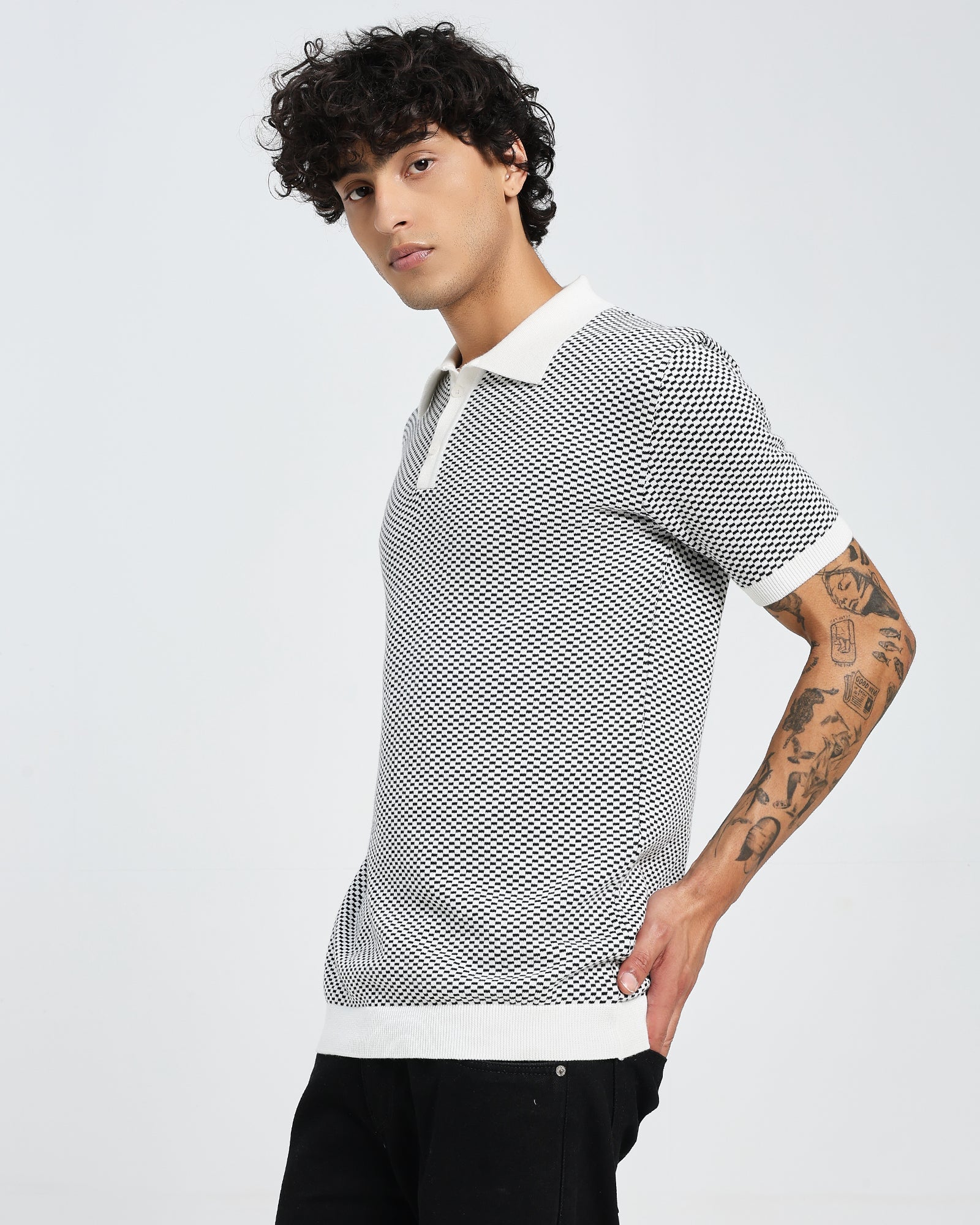 White Knit Polo – Geometric Stripe Pattern T shirt