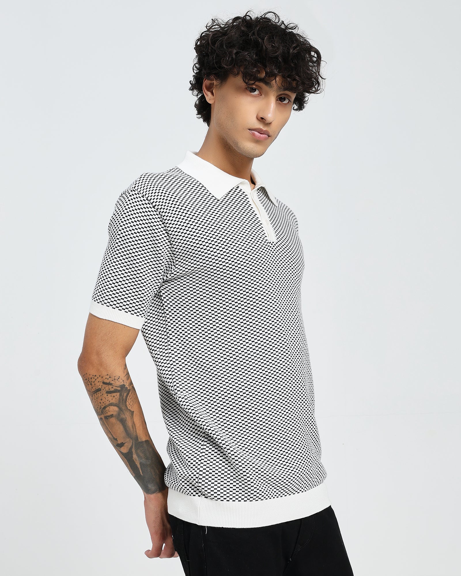 White Knit Polo – Geometric Stripe Pattern T shirt