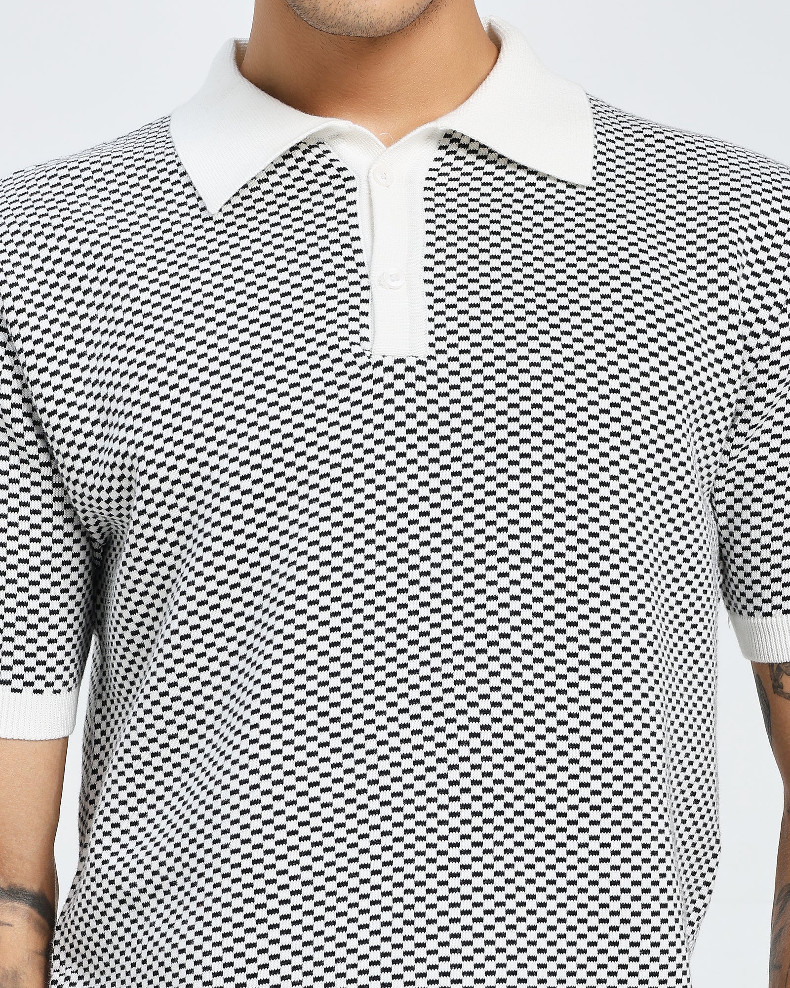 White Knit Polo – Geometric Stripe Pattern T shirt