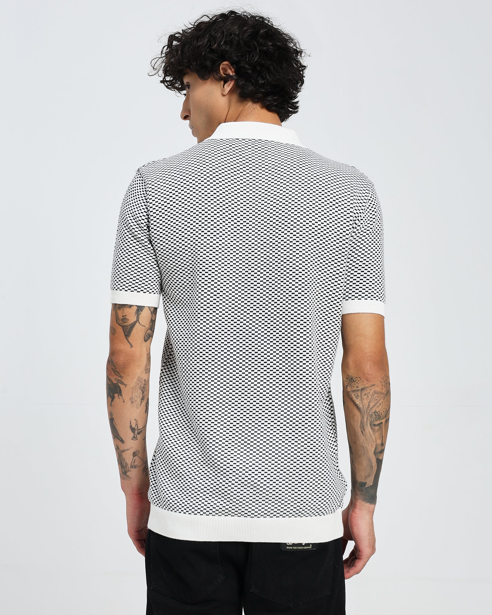 White Knit Polo – Geometric Stripe Pattern T shirt