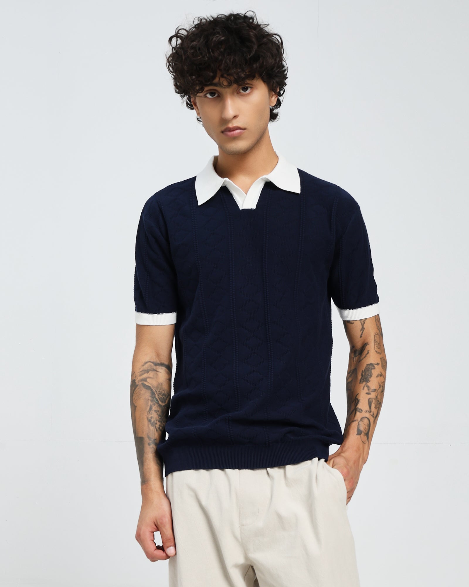 Navy Knitted Polo – White Collar Design